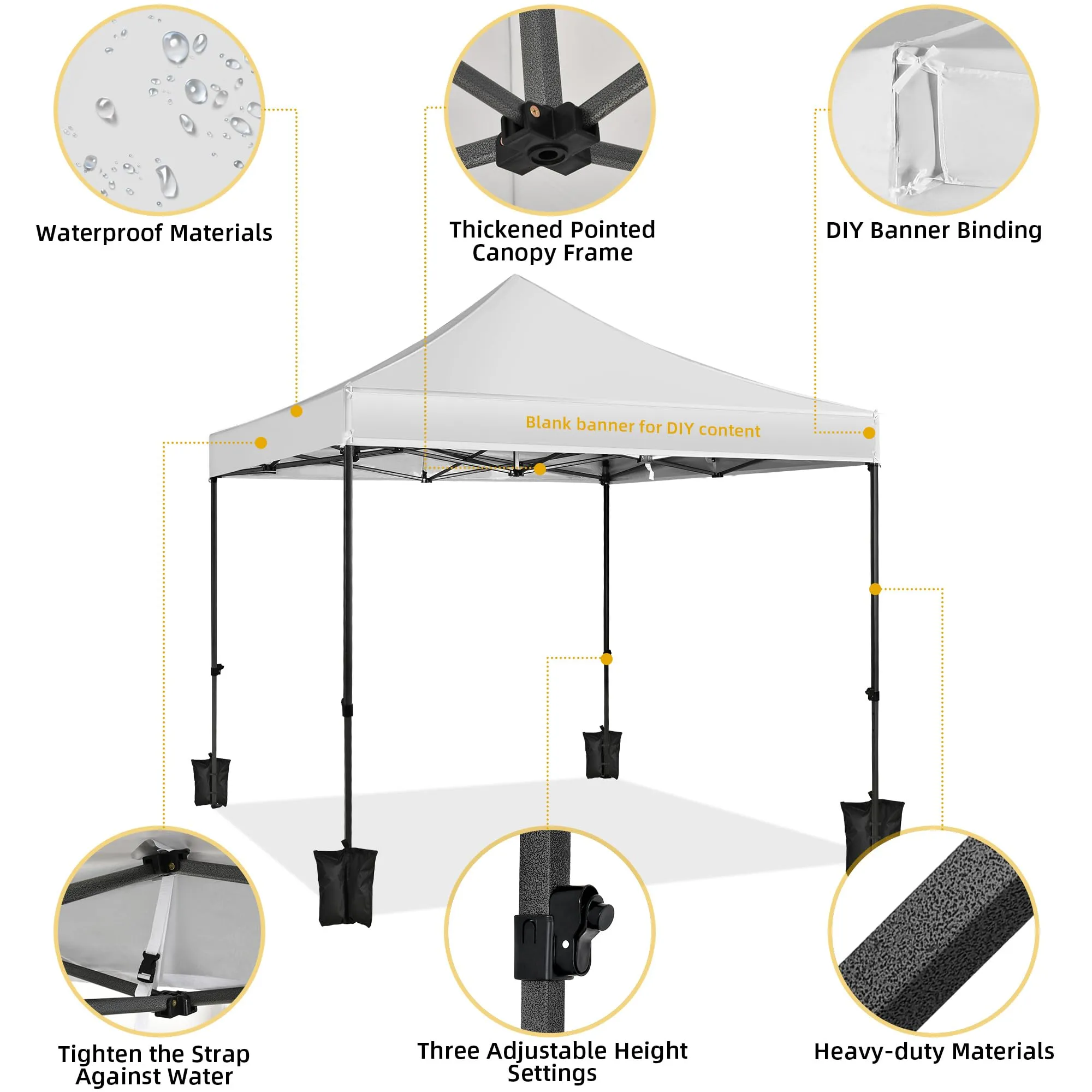 DWVO 10x10 Pop Up Heavy Duty Canopy Tent with 4 Removable Sidewall, 4 Ropes, 8 Stakes, 2 Blank Banners, 4 Sandbags & 1 Carry Bag with Wheel, Garden Gazebo Tent, Party, Exhibition, Commerce, White