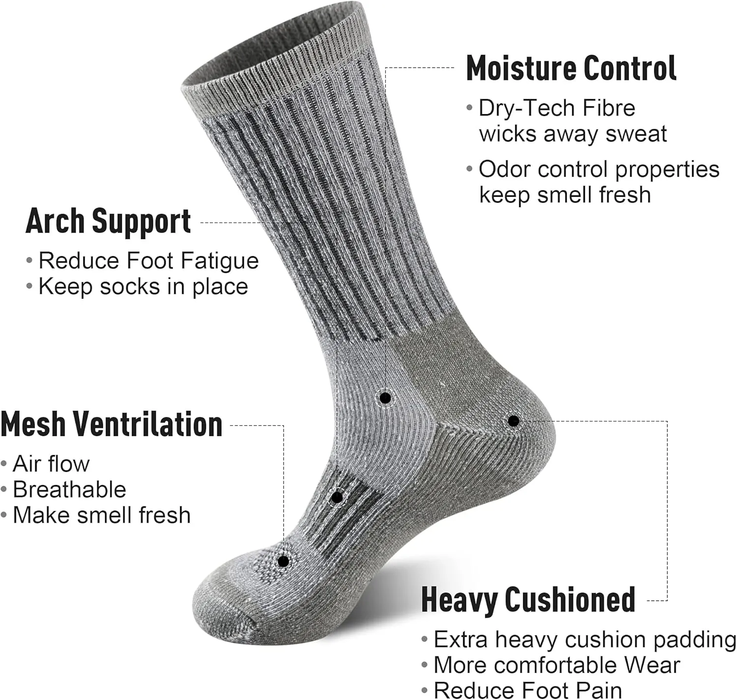 ECOEY Men's Merino Wool Cushioned Hiking Trekking Crew Socks 4 Pairs, Middle Calf Length with Moisture Wicking
