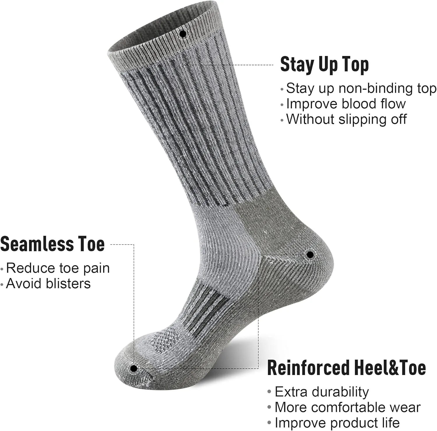 ECOEY Men's Merino Wool Cushioned Hiking Trekking Crew Socks 4 Pairs, Middle Calf Length with Moisture Wicking