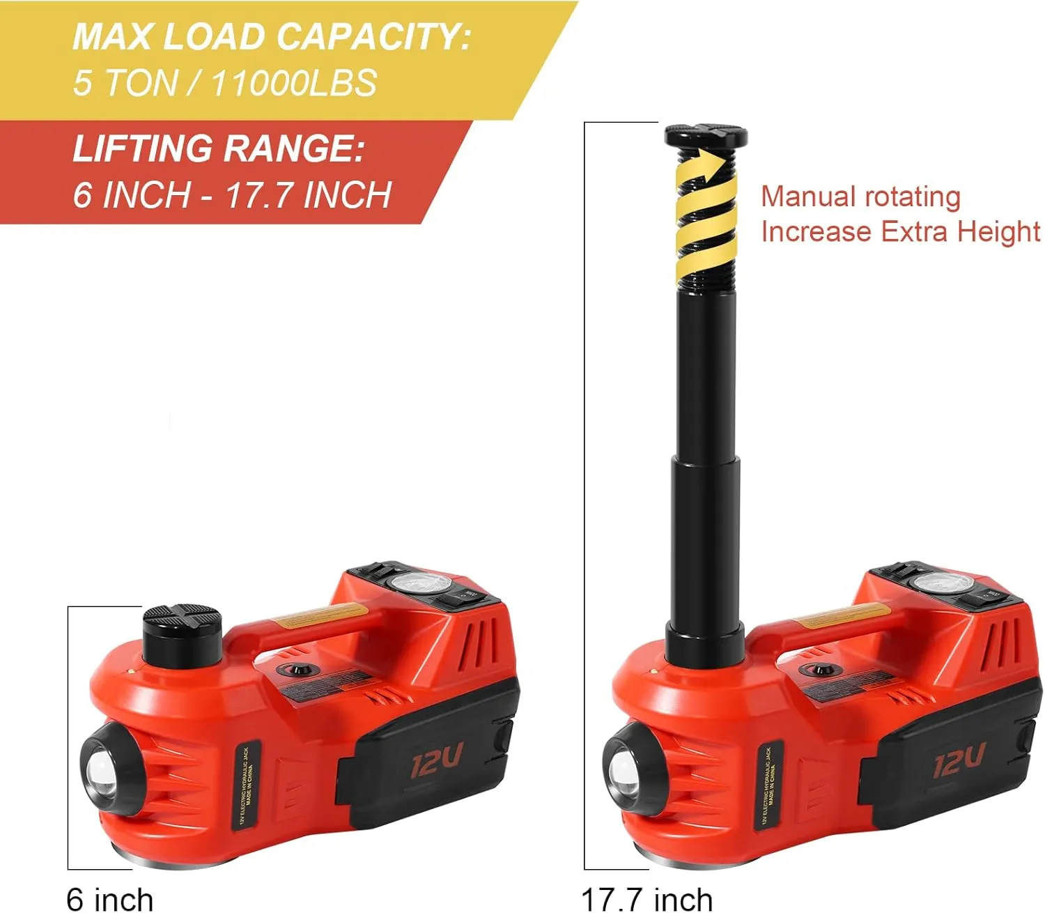 Electric Car Jack Kit, 5 Ton Hydraulic Car Jack with Electric Impact Wrench and Inflator Pump, 12V Portable Jack with LED Light for SUV MPV Sedan, Lifting Range 6 to 17.7 Inch (Red)