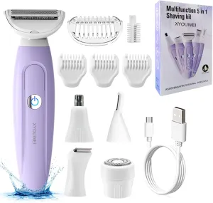 Electric Razors for Women, Bikini Trimmer for Women, Multifunction 5 in 1 Lady Shaver Kit for Face Nose Eyebrow Arms Armpit Legs Pubic Area