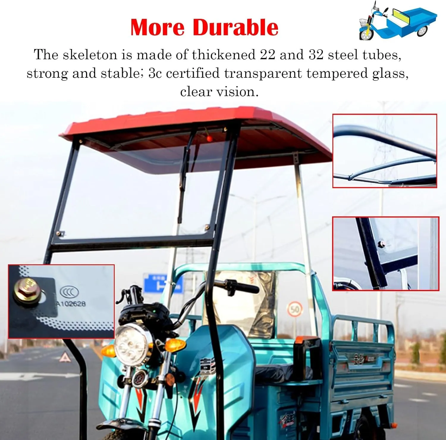 Electric Tricycle Protective Cover for Rain Sun Snow Proof, Sanbengzi Cover with Wipers & Reflective Strips, Easy to Install Tricycle Frame Canopy(Gray,31.5inch/80cm Wide)