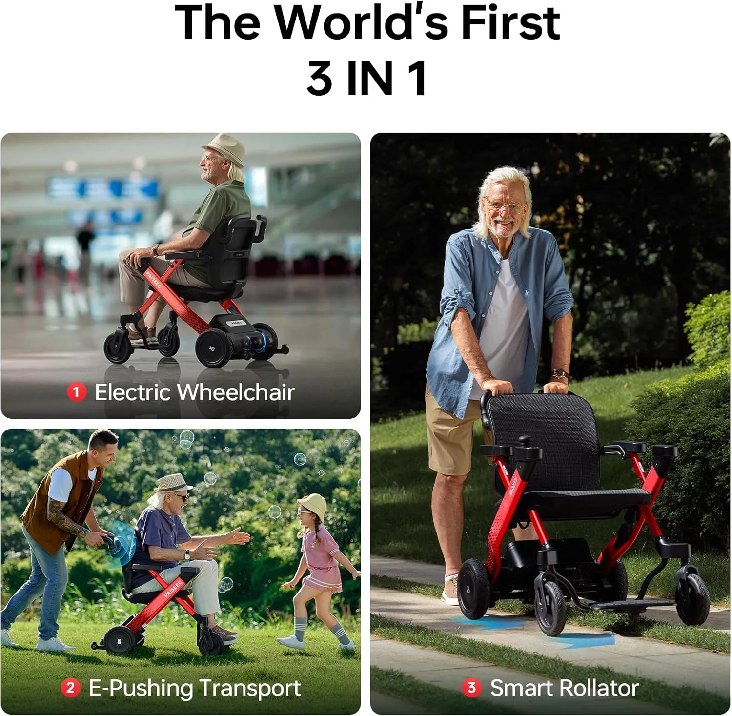 Electric Wheelchair for Adults, Foldable Power Transport Wheelchair Walker 3-in-1, 360W Motor, 300 lbs Capacity, 9'' All-terrain Wheels, Airline Approved