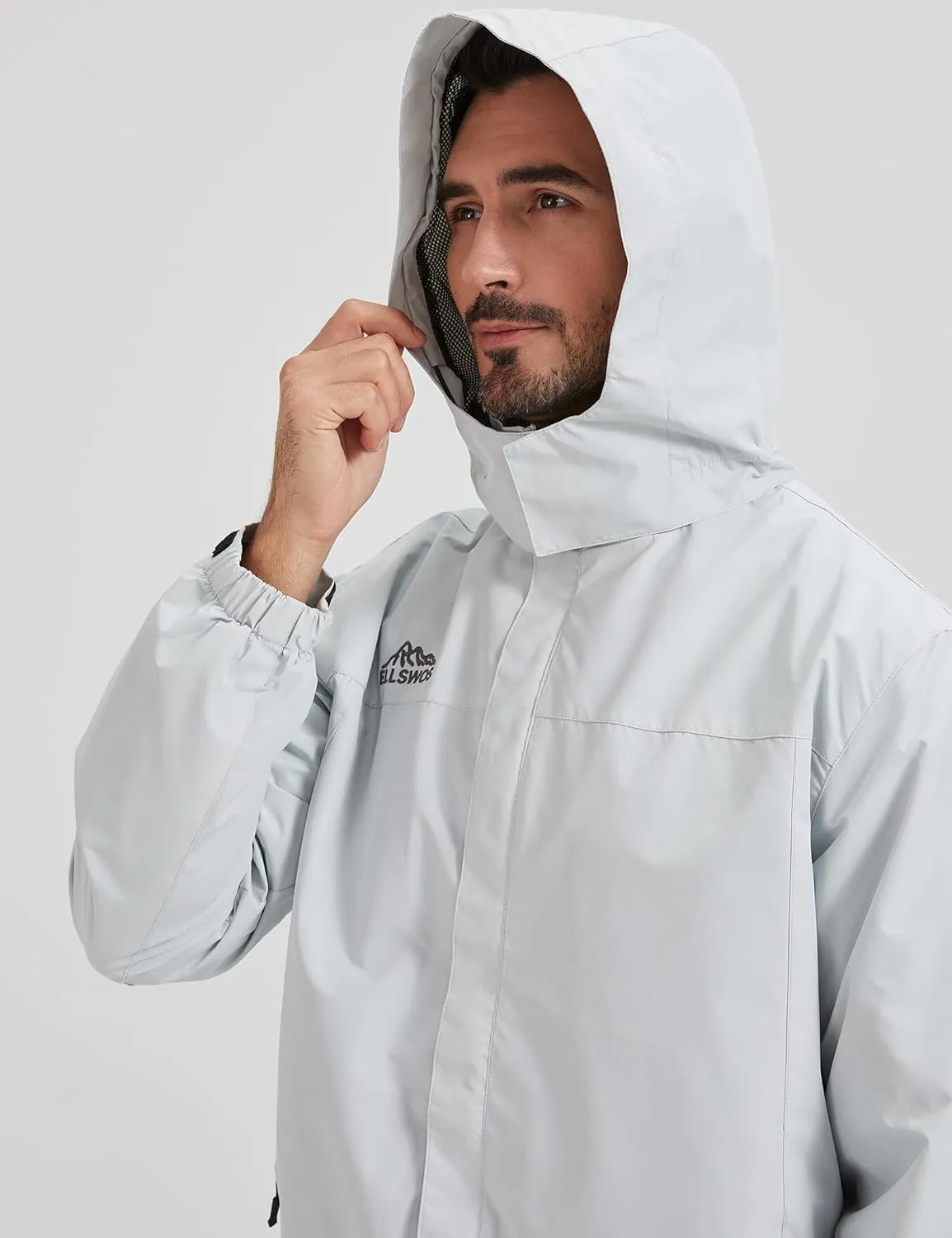 ELLSWOS Men's Waterproof Raincoat Lightweight Rain Jacket with Detachable Hood Softshell Windbreakerl for Hiking Travel