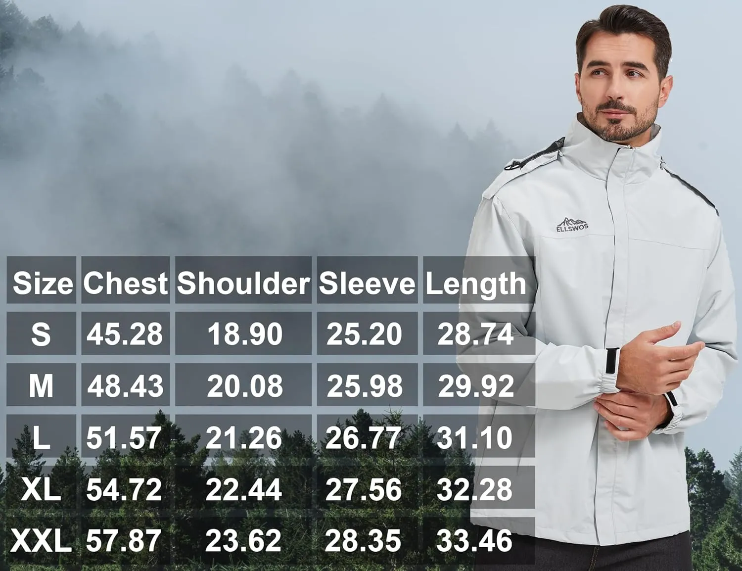 ELLSWOS Men's Waterproof Raincoat Lightweight Rain Jacket with Detachable Hood Softshell Windbreakerl for Hiking Travel