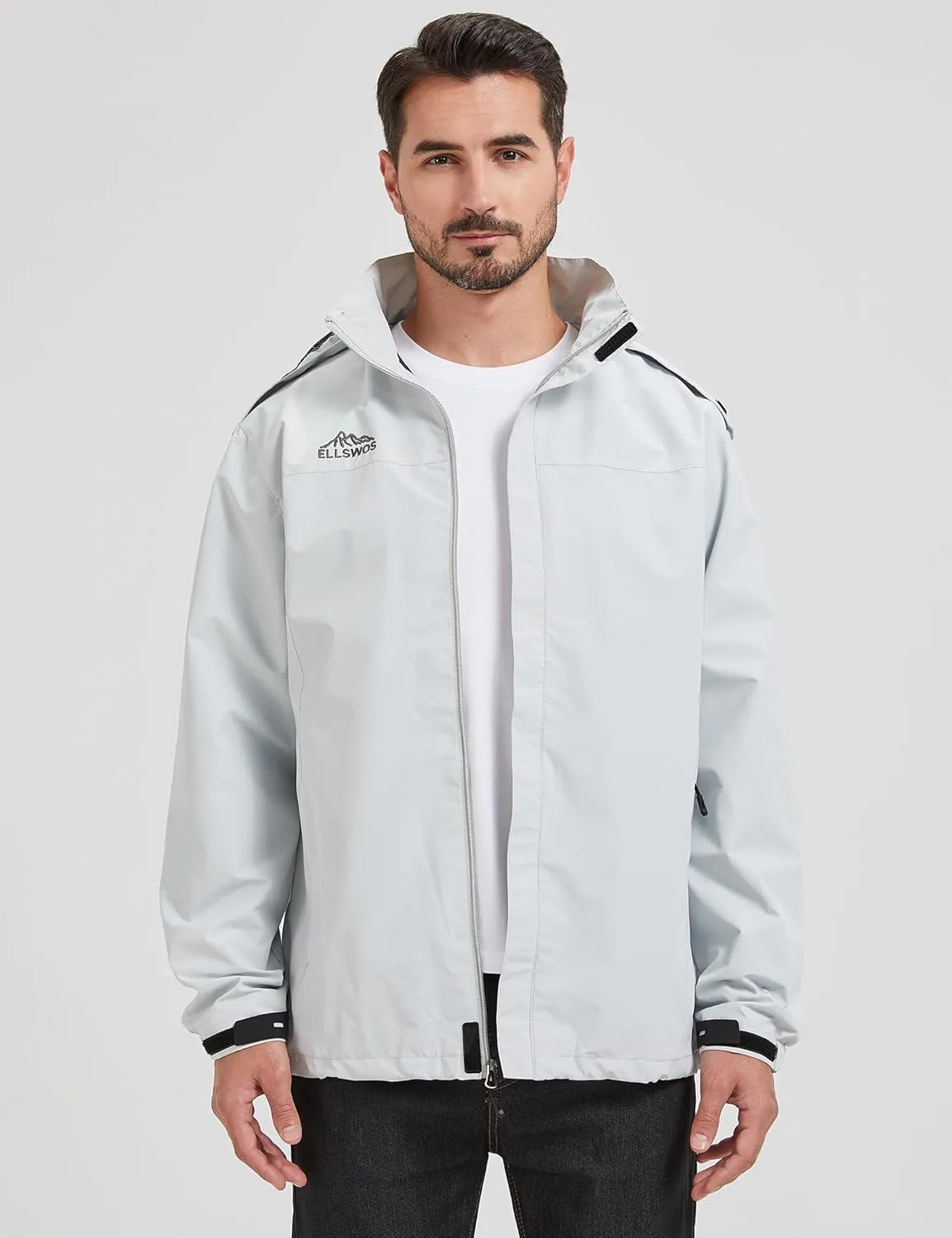 ELLSWOS Men's Waterproof Raincoat Lightweight Rain Jacket with Detachable Hood Softshell Windbreakerl for Hiking Travel