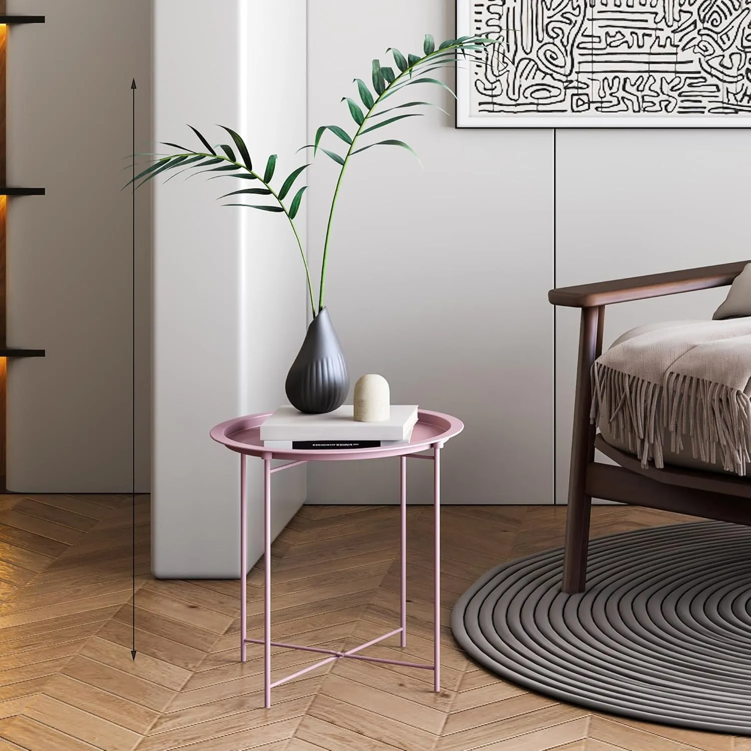 End Table Set of 2,Pink Outdoor Side Table, Small Patio Round Folding Metal Side Tables for Outdoor,Living Room,Bedroom Balcony and Office, 2 PCS