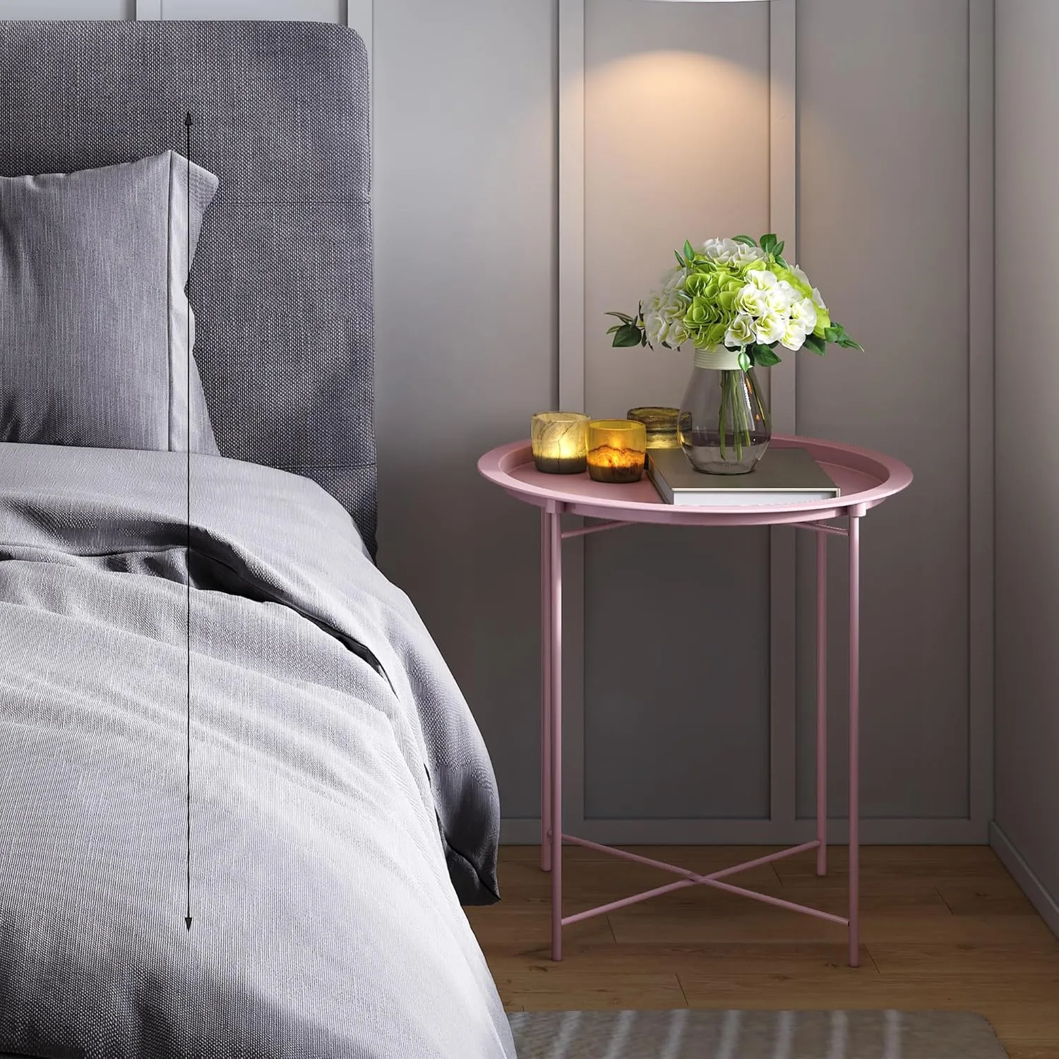 End Table Set of 2,Pink Outdoor Side Table, Small Patio Round Folding Metal Side Tables for Outdoor,Living Room,Bedroom Balcony and Office, 2 PCS