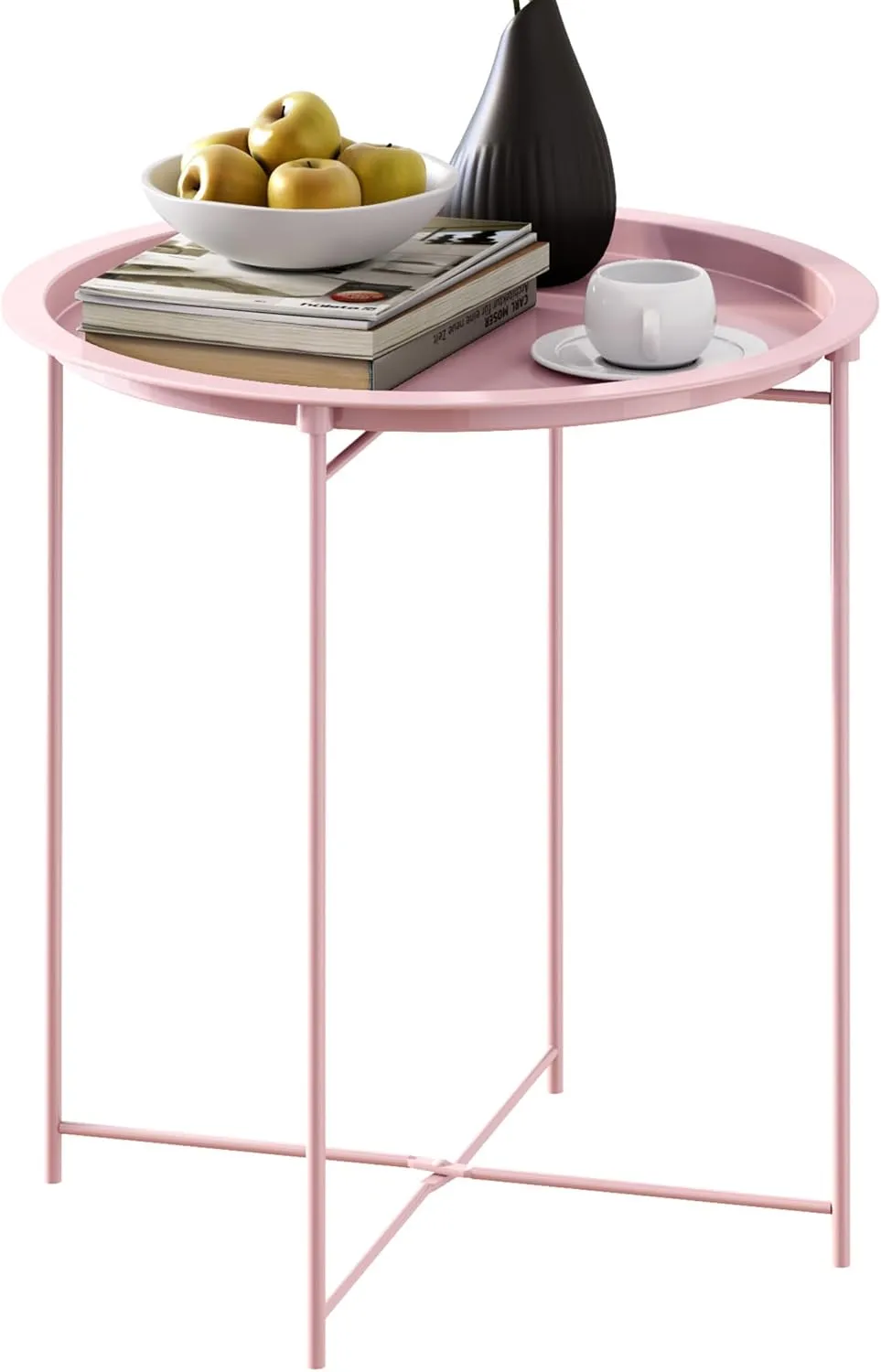End Table Set of 2,Pink Outdoor Side Table, Small Patio Round Folding Metal Side Tables for Outdoor,Living Room,Bedroom Balcony and Office, 2 PCS