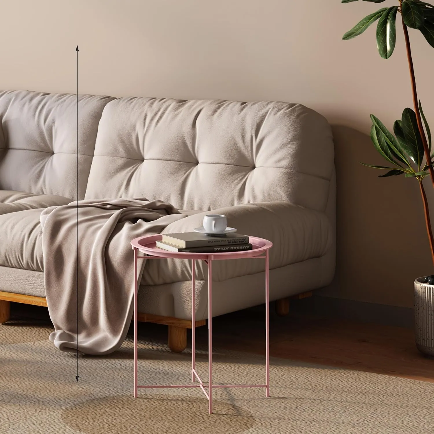 End Table Set of 2,Pink Outdoor Side Table, Small Patio Round Folding Metal Side Tables for Outdoor,Living Room,Bedroom Balcony and Office, 2 PCS
