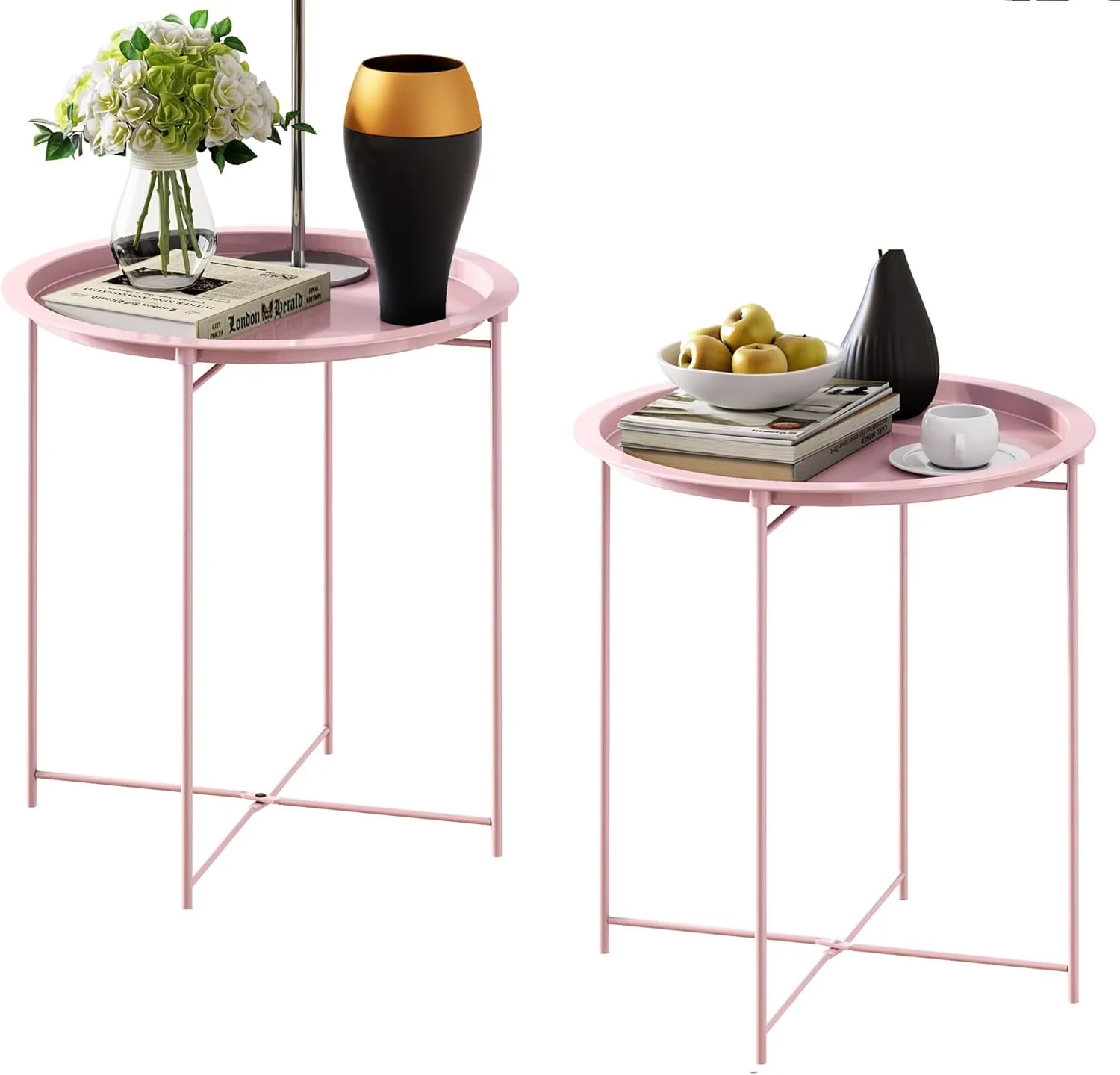 End Table Set of 2,Pink Outdoor Side Table, Small Patio Round Folding Metal Side Tables for Outdoor,Living Room,Bedroom Balcony and Office, 2 PCS