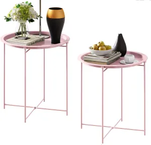 End Table Set of 2,Pink Outdoor Side Table, Small Patio Round Folding Metal Side Tables for Outdoor,Living Room,Bedroom Balcony and Office, 2 PCS