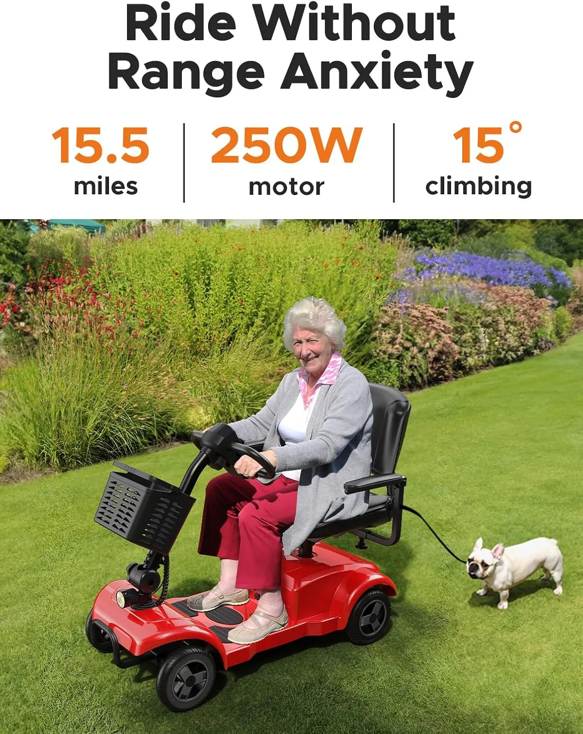 ENGWE Folding 4 Wheel Mobility Scooter,15 Mile Long Range, 250W Electric Powered Mobile Wheelchair for Seniors Adult with Detachable Basket, Front Light (Red, XL Cushion)