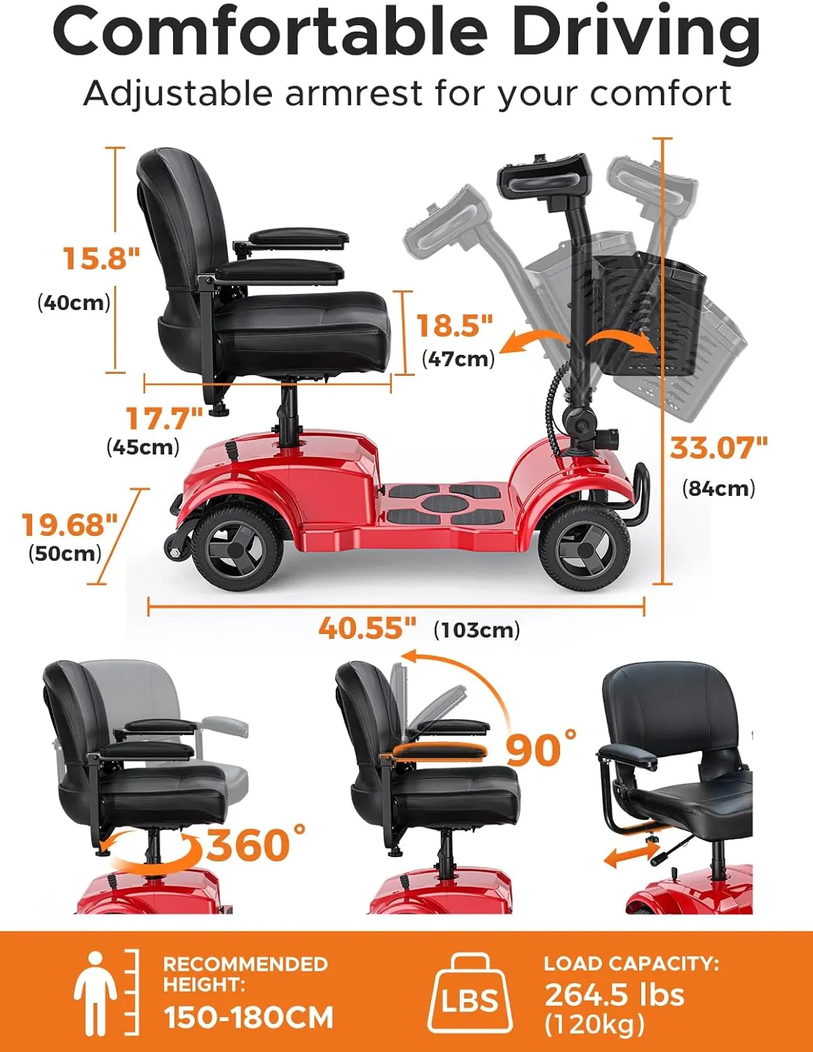 ENGWE Folding 4 Wheel Mobility Scooter,15 Mile Long Range, 250W Electric Powered Mobile Wheelchair for Seniors Adult with Detachable Basket, Front Light (Red, XL Cushion)