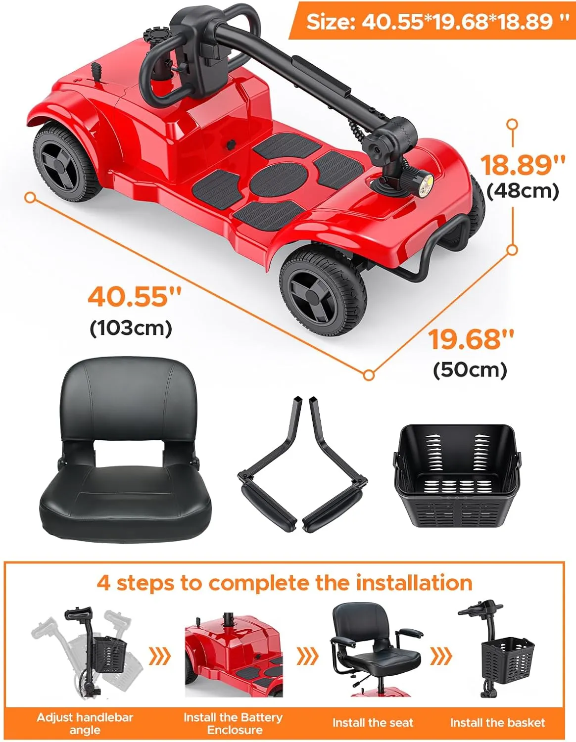 ENGWE Folding 4 Wheel Mobility Scooter,15 Mile Long Range, 250W Electric Powered Mobile Wheelchair for Seniors Adult with Detachable Basket, Front Light (Red, XL Cushion)