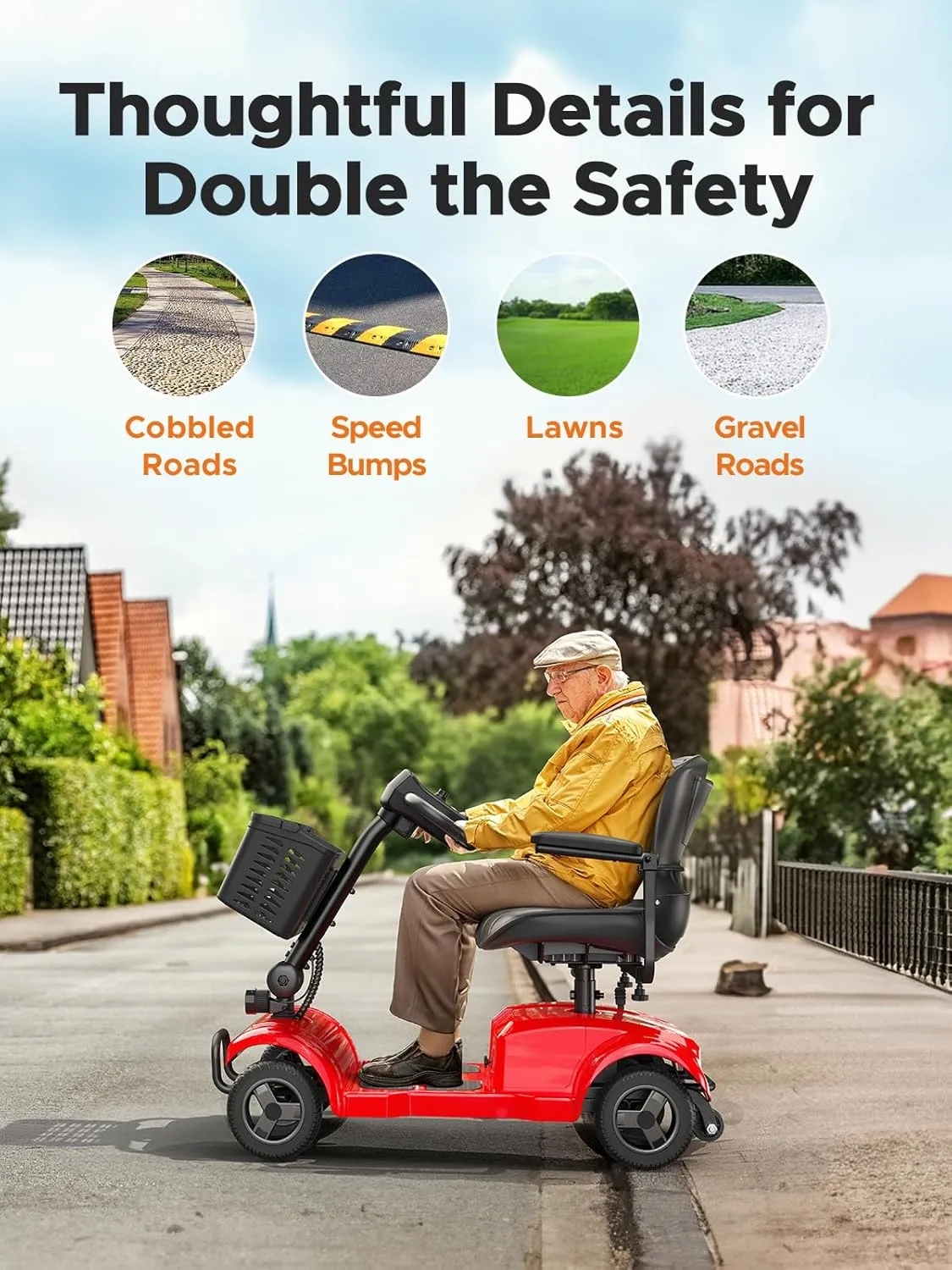 ENGWE Folding 4 Wheel Mobility Scooter,15 Mile Long Range, 250W Electric Powered Mobile Wheelchair for Seniors Adult with Detachable Basket, Front Light (Red, XL Cushion)