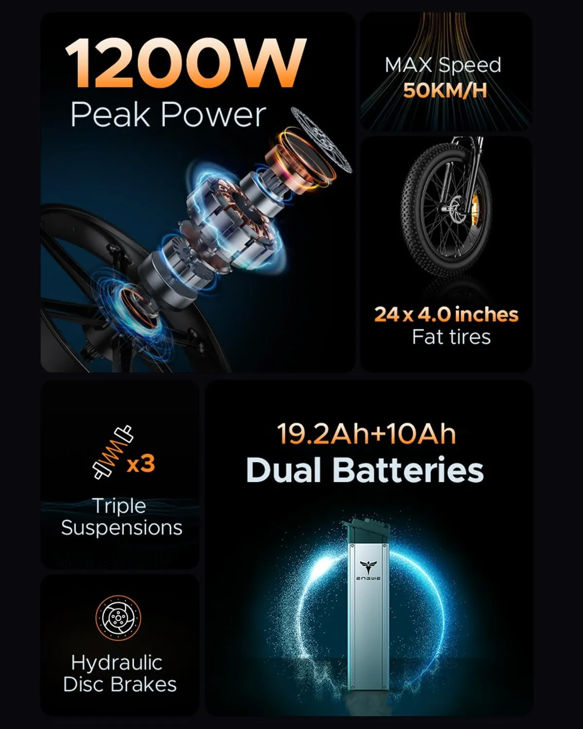 ENGWE X24/X26 1200W Electric Bike for Adults, 26" x 4.0 Fat Tire Folding Ebike with Single/Dual Removable Battery 48V 19.2AH/ 10AH up to 62/94Miles & 31MPH