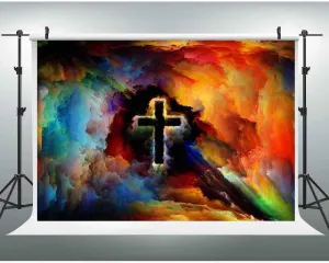 EOA 7(W) x5(H) FT Watercolor Art Cross Photography Backdrop for Church Events, Christian Jesus Background Holy Religious Decor, Photo Booth Studio Prop