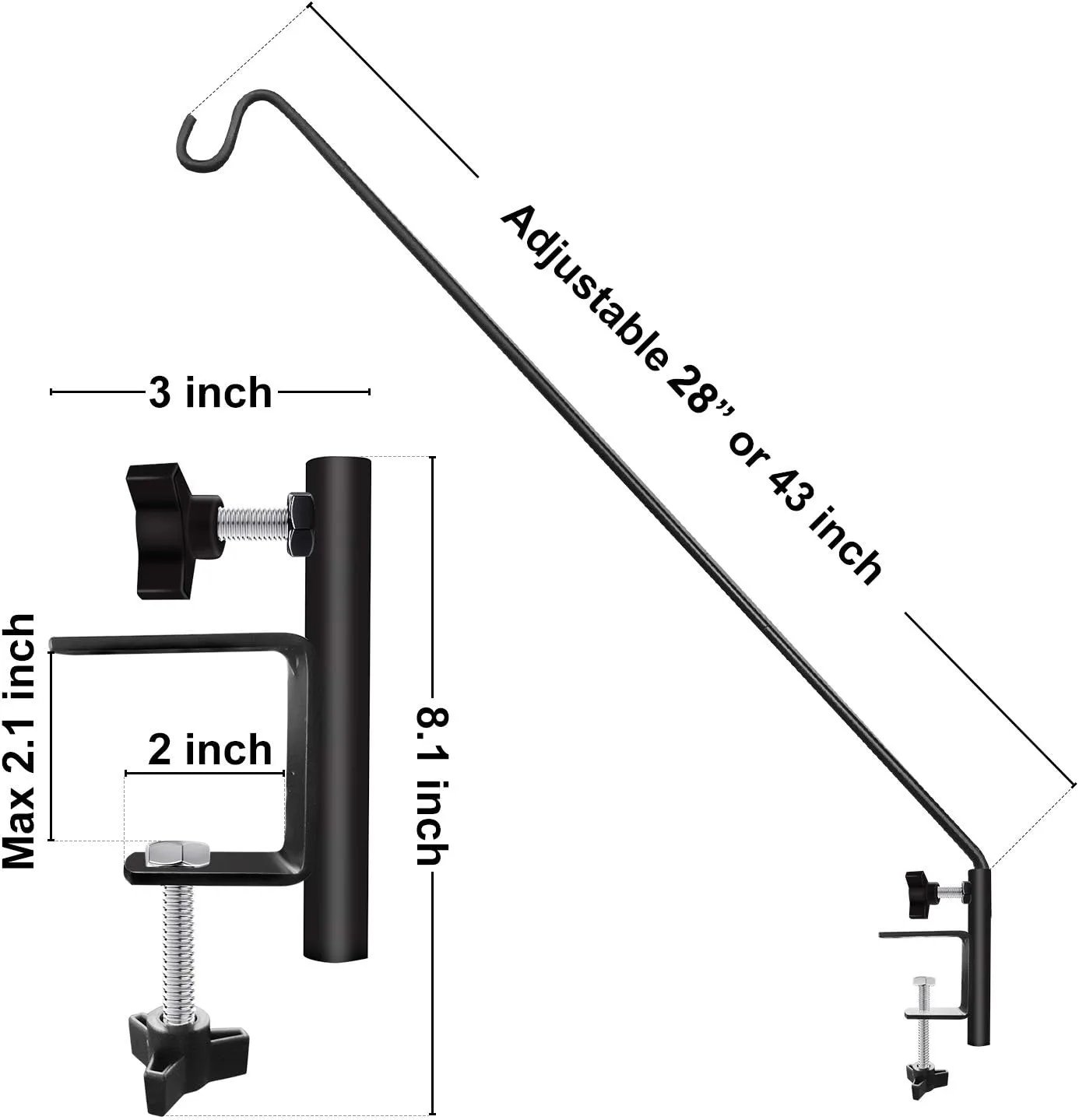 ERYTLLY Heavy Duty Deck Hook, Extensible and Adjustable Deck Hook with 2" Non Slip Horizontal Clamp for Hanging Bird Feeder, Plants, Suet Baskets,Wind Chimes,Lanterns and More