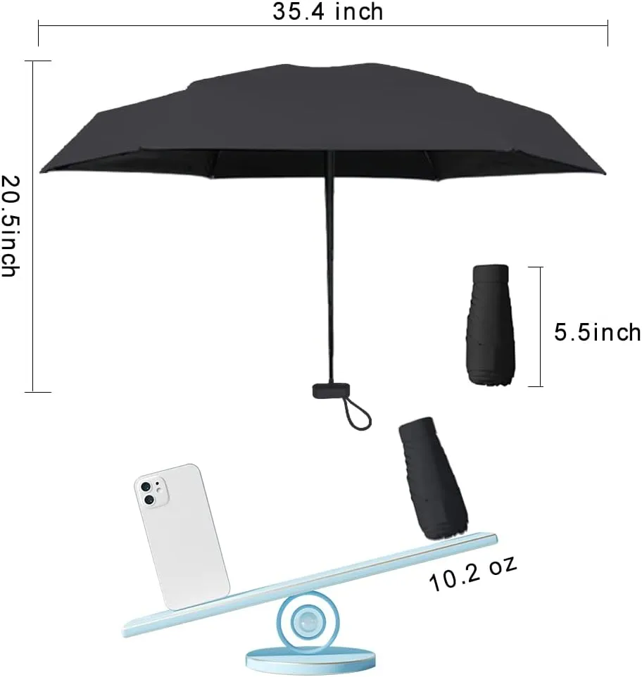 ESUFEIR Mini Travel Sun Umbrella for Purse With Case,Small Compact UV Umbrella Protection Sun,Lightweight Portable Parasol Windproof for Women Men Kids (Black)