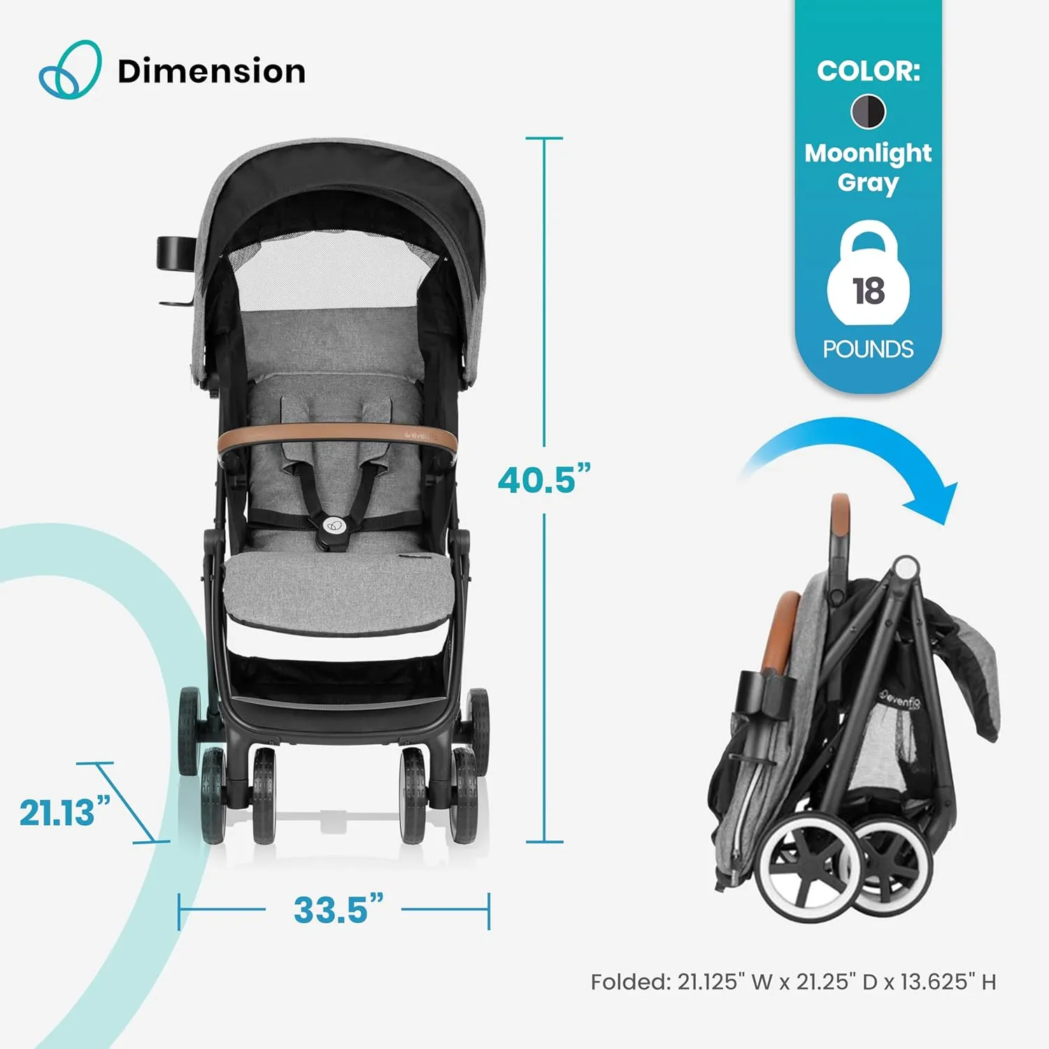 Evenflo Travel Stroller, Self-Folding, Lightweight, Fits Baby Car Seat, Gold Otto, Moonstone