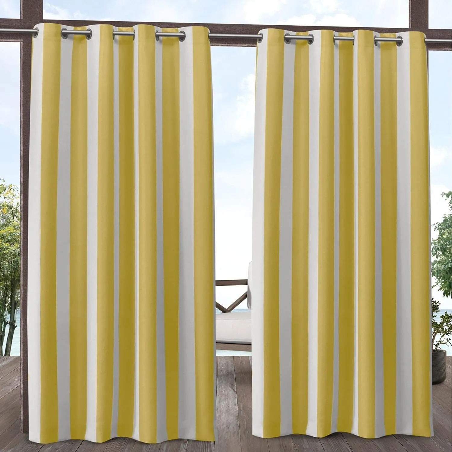 Exclusive Home Canopy Stripe Indoor/Outdoor Grommet Top Curtain Panel, 54"x84", Sunbath / White, Set of 2