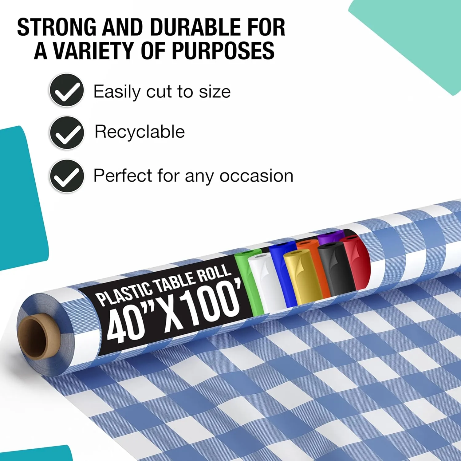 Exquisite Party Solids Blue Gingham Plastic Table Cover Roll 6 Pack 40" X 100' Table Cloth Plastic Cover Roll - Premium Quality Thick 0.5 MIL Banquet Rolls - Disposable Tablecloth Rolls