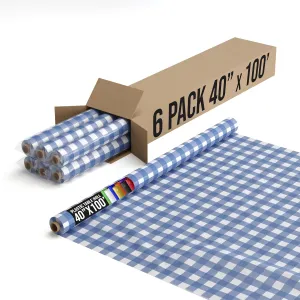 Exquisite Party Solids Blue Gingham Plastic Table Cover Roll 6 Pack 40" X 100' Table Cloth Plastic Cover Roll - Premium Quality Thick 0.5 MIL Banquet Rolls - Disposable Tablecloth Rolls