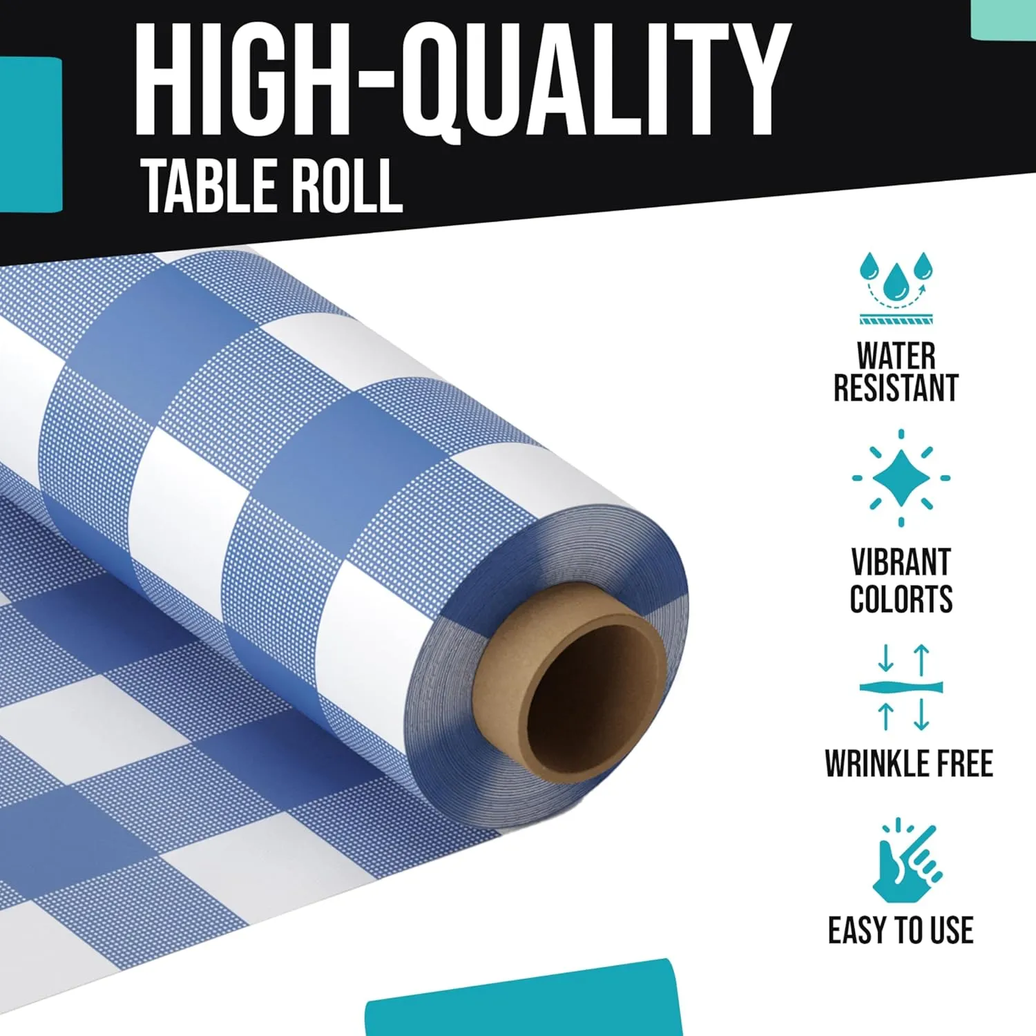 Exquisite Party Solids Blue Gingham Plastic Table Cover Roll 6 Pack 40" X 100' Table Cloth Plastic Cover Roll - Premium Quality Thick 0.5 MIL Banquet Rolls - Disposable Tablecloth Rolls