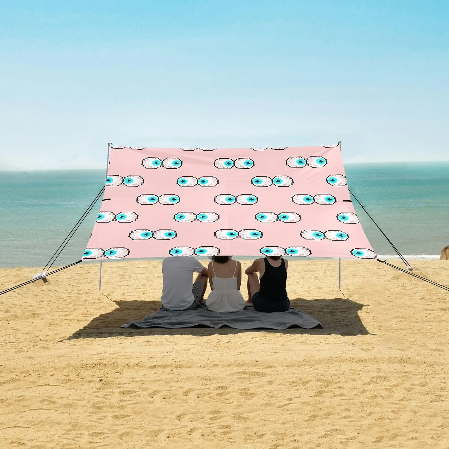 Eyeball Pixel Art Pattern Beach Canopy Tent Anti-UV & Wind Resistant, Camping Sun Shelter Easy Setup Portable,Outdoor Shade Tents with Sandbags,Sand Shovels,Ground Pegs & Stability Poles