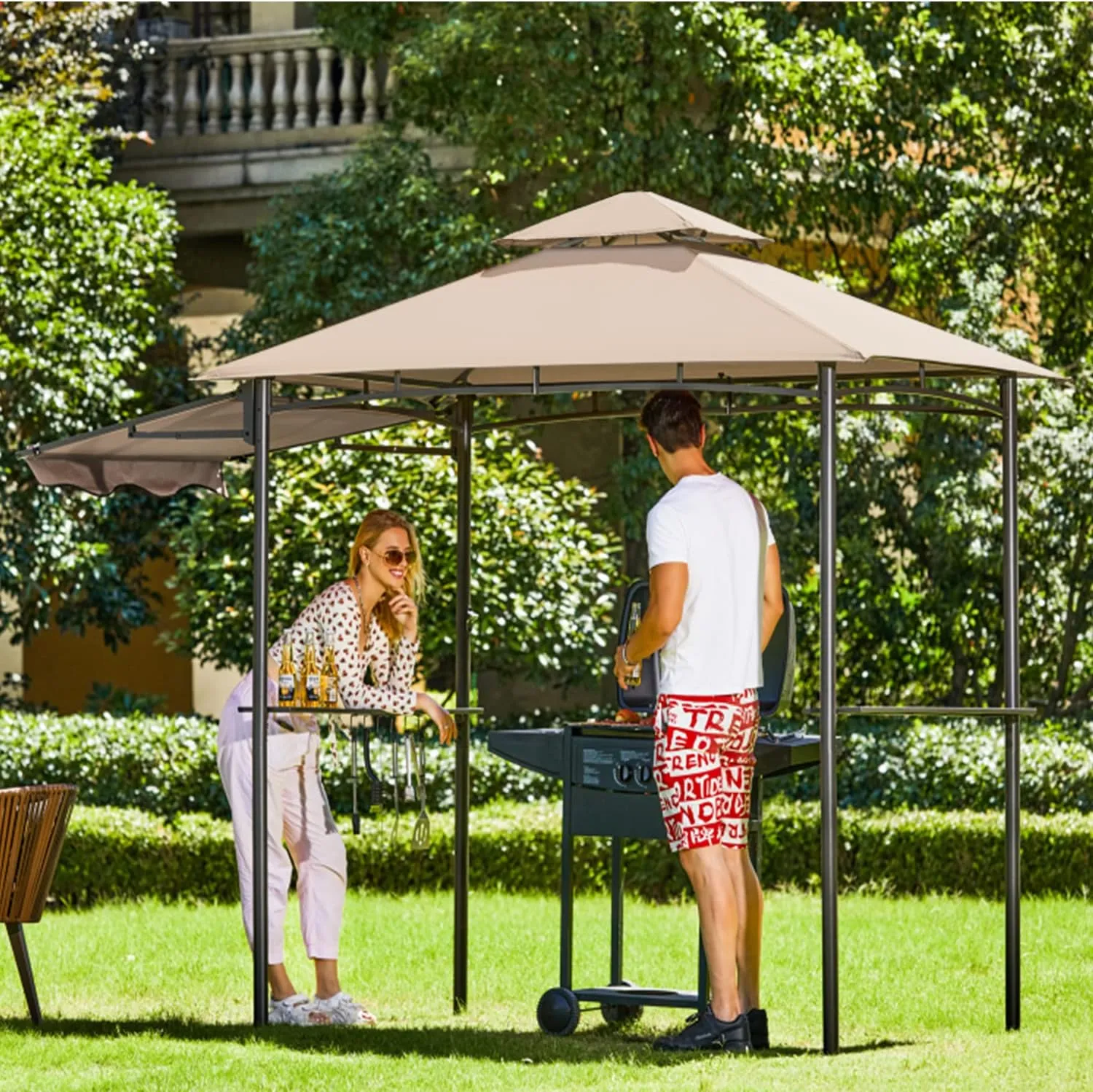 FAB BASED 5x8 Grill Gazebo, Outdoor BBQ Grill Patio Canopy with Extra Shadow & LED Lights, Barbeque Gazebo Canopy (Cream)