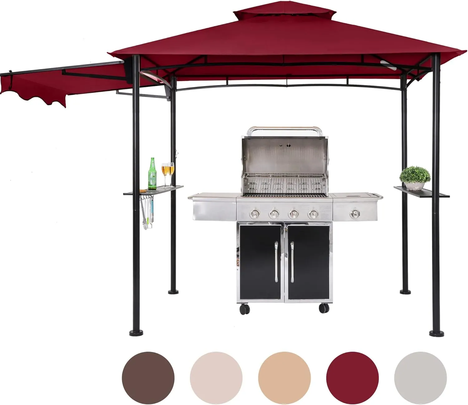 FAB BASED 5x8 Grill Gazebo, Outdoor BBQ Grill Patio Canopy with Extra Shadow & LED Lights, Barbeque Gazebo Canopy (Red)