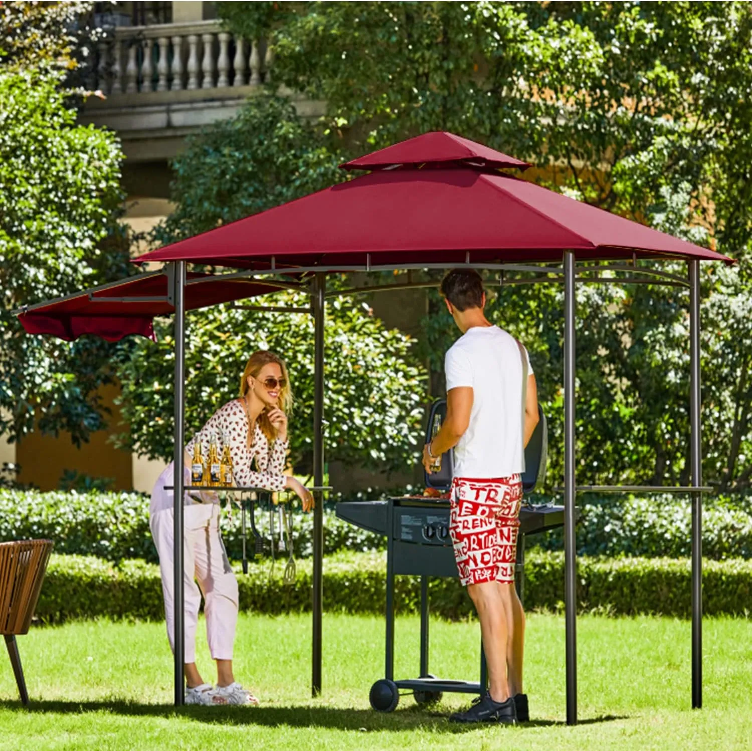 FAB BASED 5x8 Grill Gazebo, Outdoor BBQ Grill Patio Canopy with Extra Shadow & LED Lights, Barbeque Gazebo Canopy (Red)