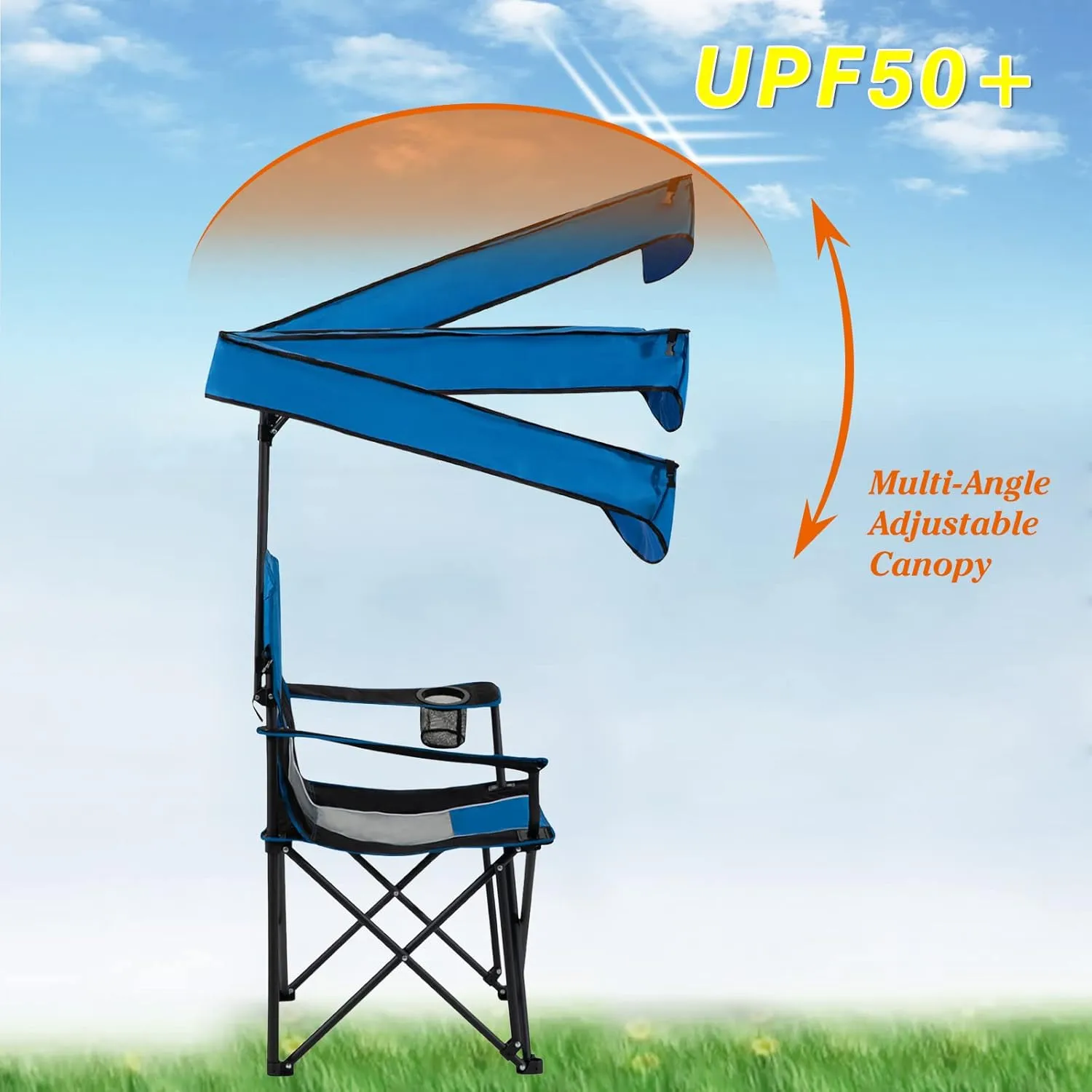 FAIR WIND Oversized Camping Lounge Chair with Adjustable Shade Canopy for Outdoor Sports Heavy Duty Quad Fold Chair Arm Chair - Cyan