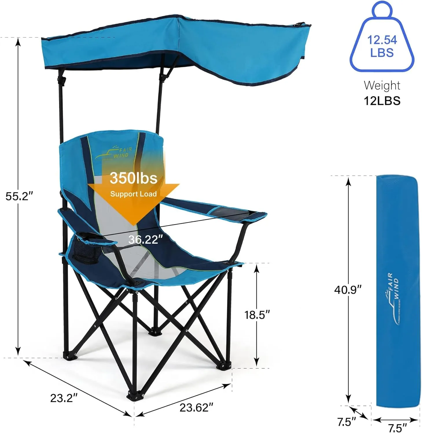 FAIR WIND Oversized Camping Lounge Chair with Adjustable Shade Canopy for Outdoor Sports Heavy Duty Quad Fold Chair Arm Chair - Cyan
