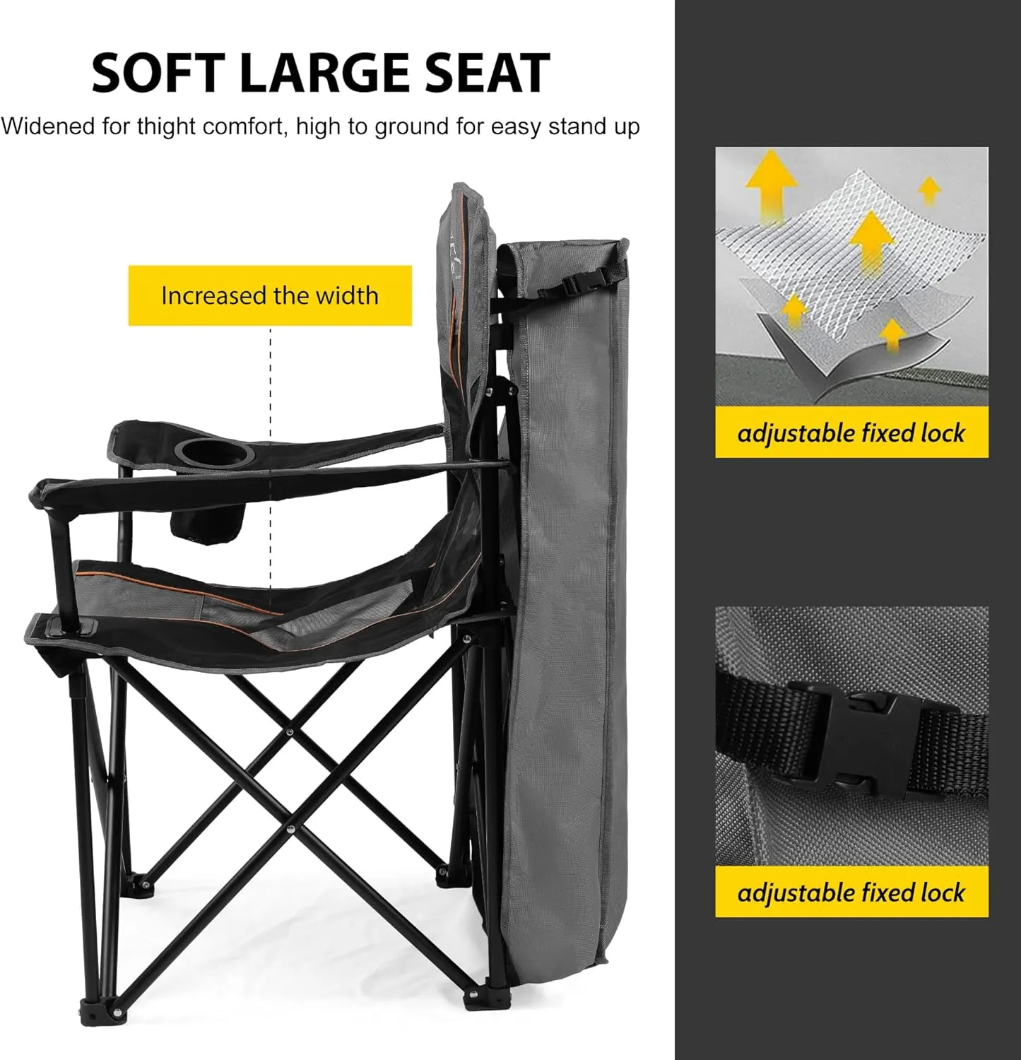 FAIR WIND Oversized Camping Lounge Chair with Adjustable Shade Canopy for Outdoor Sports Heavy Duty Quad Fold Chair Arm Chair - Obsidian