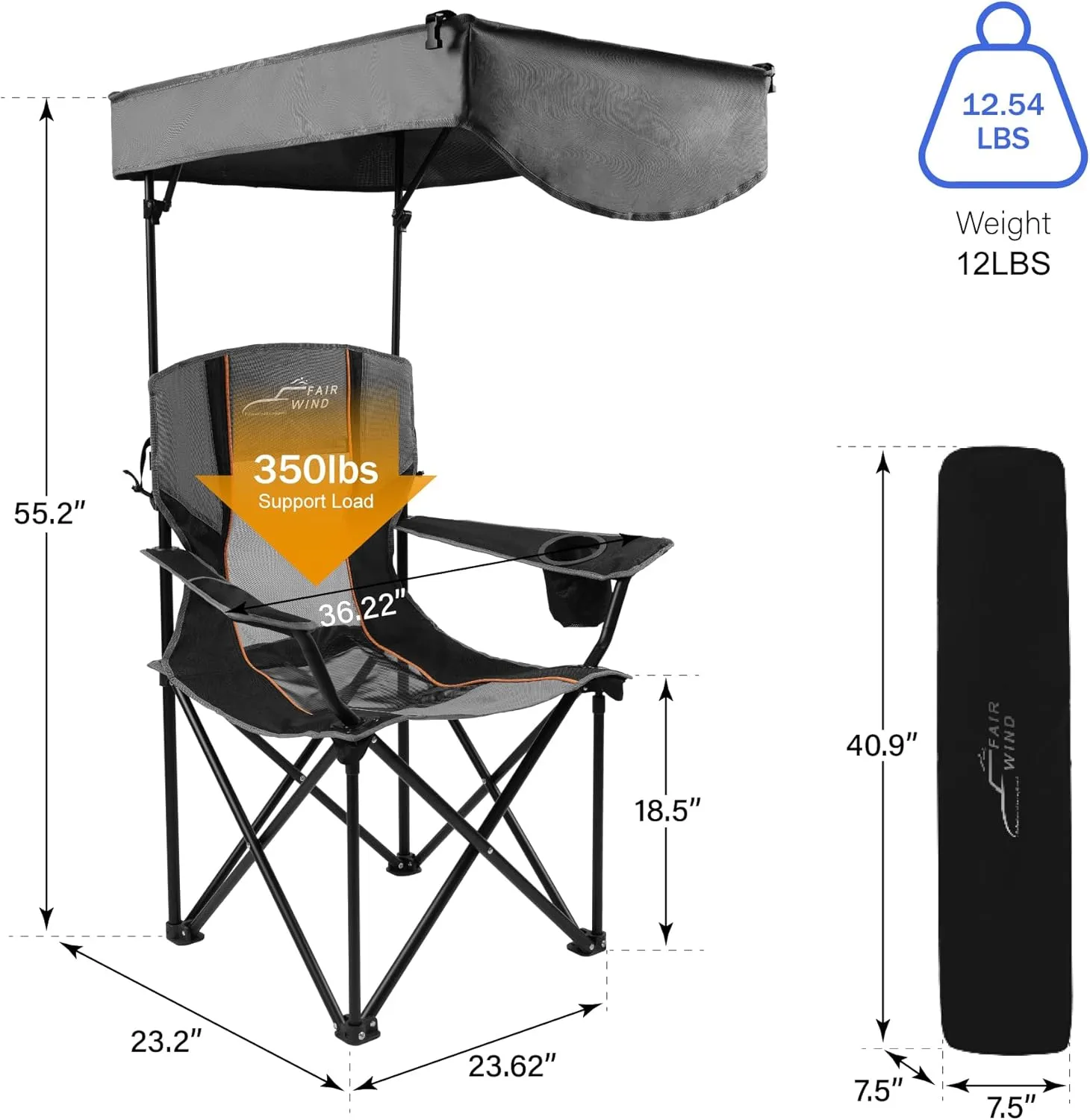 FAIR WIND Oversized Camping Lounge Chair with Adjustable Shade Canopy for Outdoor Sports Heavy Duty Quad Fold Chair Arm Chair - Obsidian