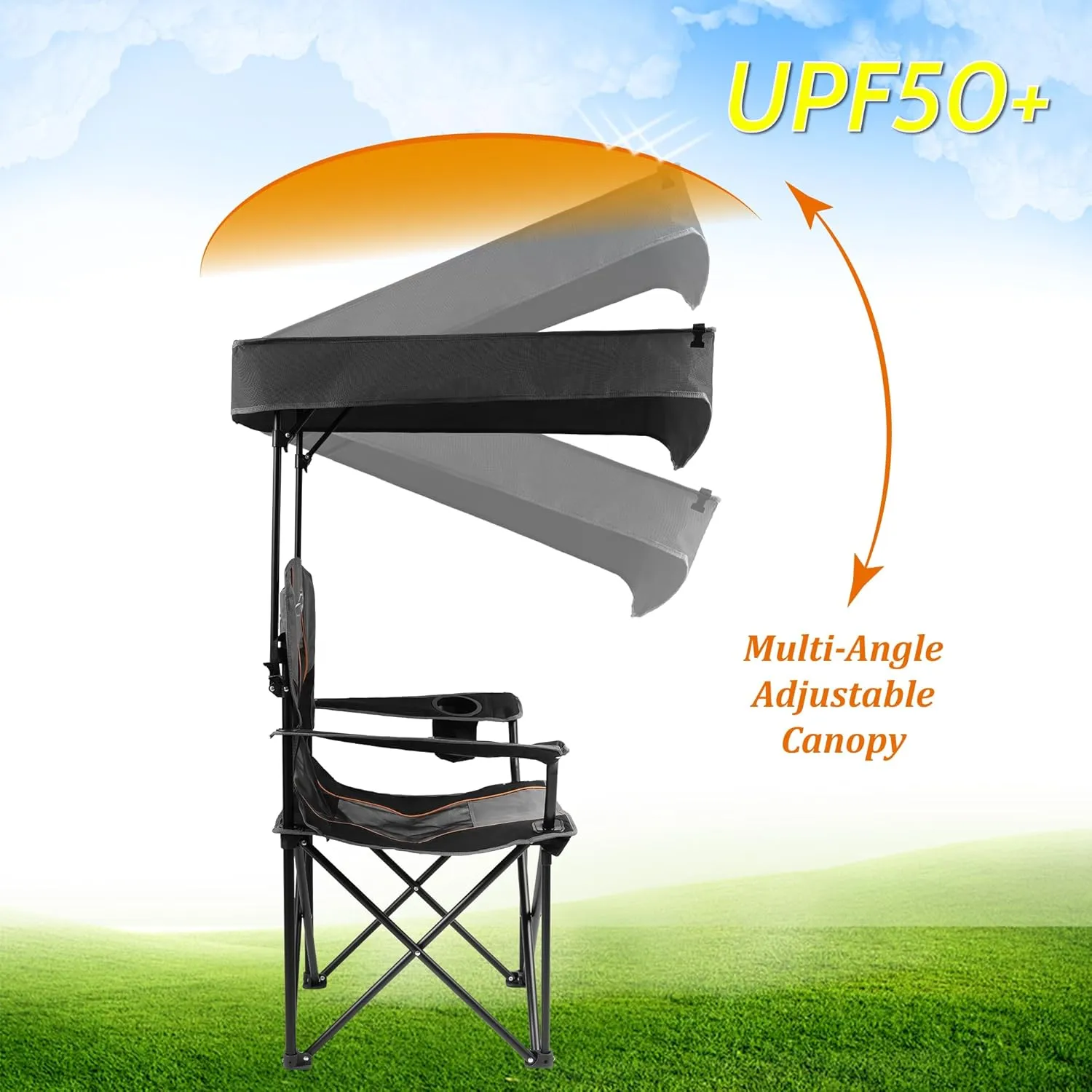 FAIR WIND Oversized Camping Lounge Chair with Adjustable Shade Canopy for Outdoor Sports Heavy Duty Quad Fold Chair Arm Chair - Obsidian