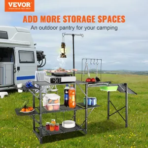 (FINAL PRICES ARE LOWER ON OUR SITE!) VEVOR Camping Kitchen Table, One-piece Folding Portable Cook Station with A Carrying Bag, Long Aluminum Camping Table 3 Side Tables, 2 Shelves & A Detachable Sink for Outdoor Picnics, BBQs, Camping
