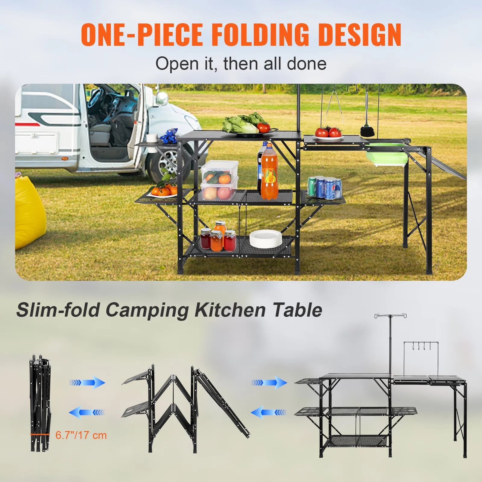 (FINAL PRICES ARE LOWER ON OUR SITE!) VEVOR Camping Kitchen Table, One-piece Folding Portable Cook Station with A Carrying Bag, Long Aluminum Camping Table 3 Side Tables, 2 Shelves & A Detachable Sink for Outdoor Picnics, BBQs, Camping