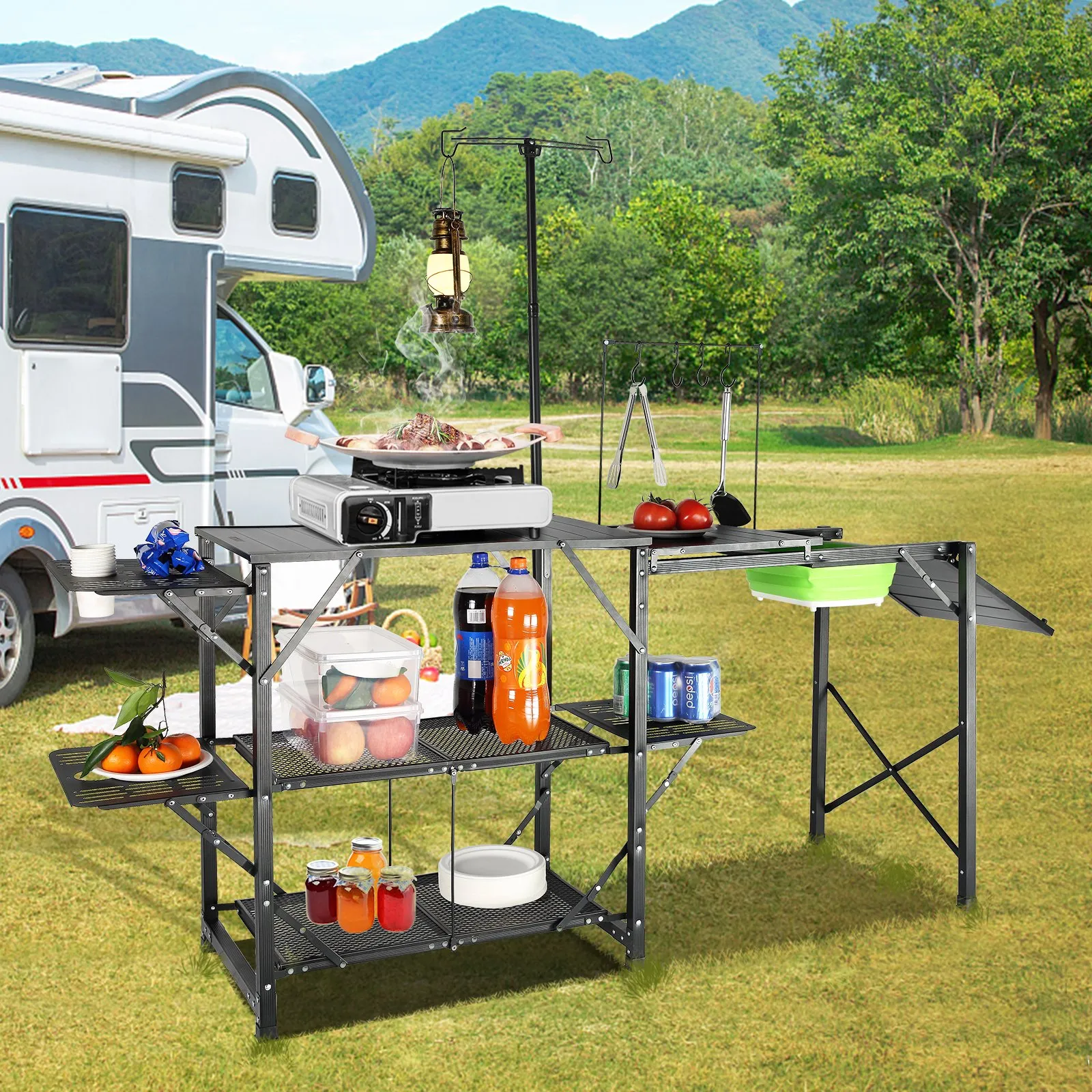 (FINAL PRICES ARE LOWER ON OUR SITE!) VEVOR Camping Kitchen Table, One-piece Folding Portable Cook Station with A Carrying Bag, Long Aluminum Camping Table 3 Side Tables, 2 Shelves & A Detachable Sink for Outdoor Picnics, BBQs, Camping