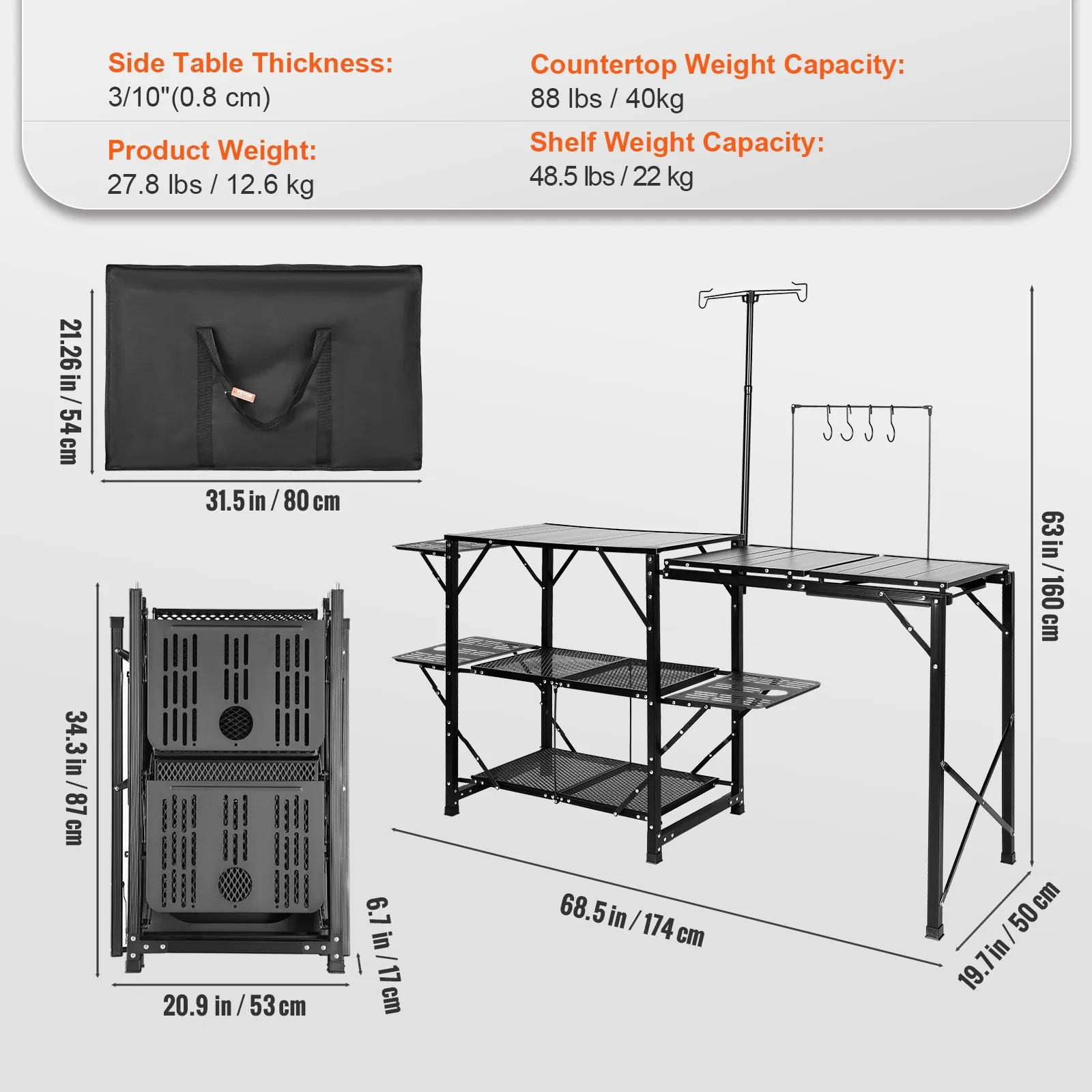 (FINAL PRICES ARE LOWER ON OUR SITE!) VEVOR Camping Kitchen Table, One-piece Folding Portable Cook Station with A Carrying Bag, Long Aluminum Camping Table 3 Side Tables, 2 Shelves & A Detachable Sink for Outdoor Picnics, BBQs, Camping