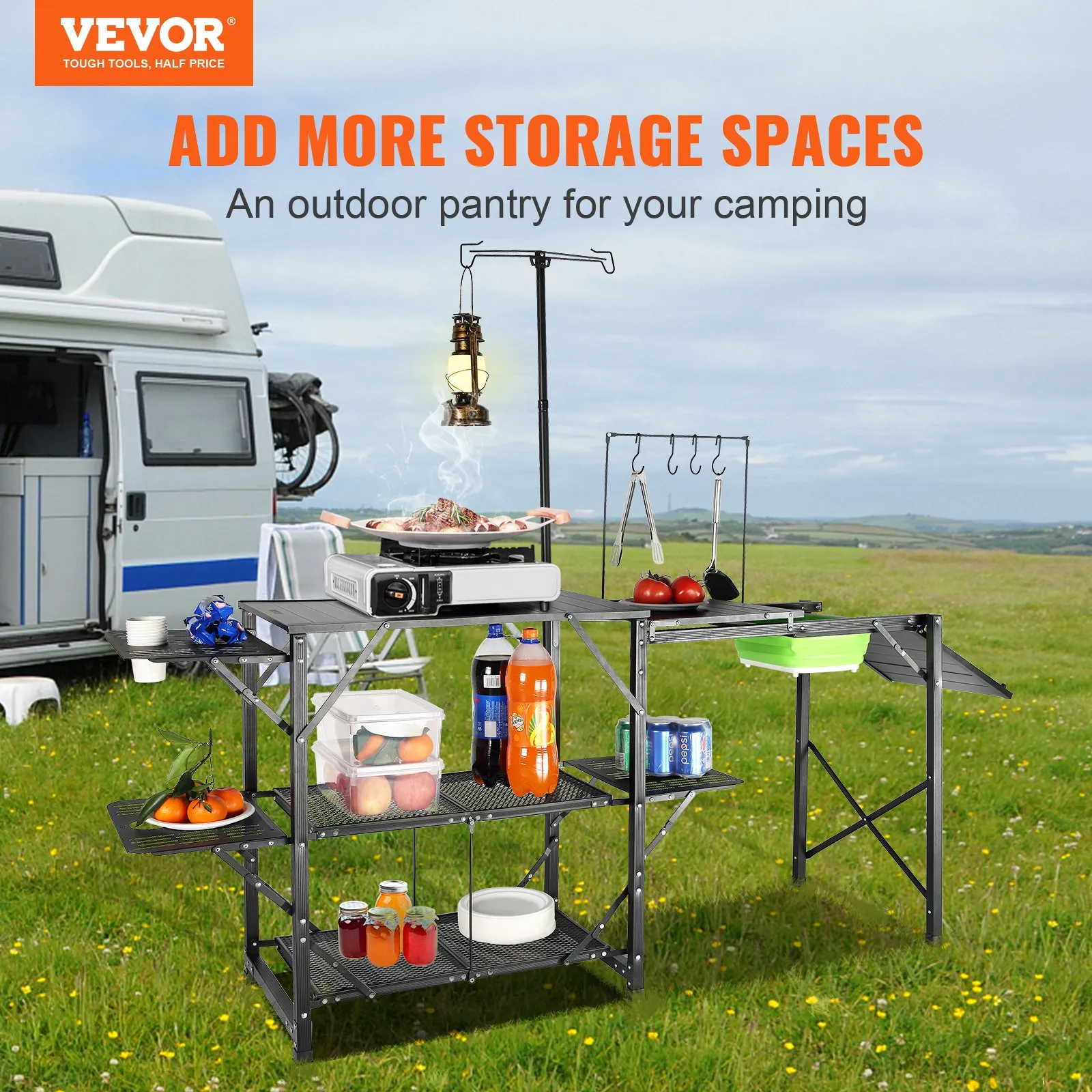 (FINAL PRICES ARE LOWER ON OUR SITE!) VEVOR Camping Kitchen Table, One-piece Folding Portable Cook Station with A Carrying Bag, Long Aluminum Camping Table 3 Side Tables, 2 Shelves & A Detachable Sink for Outdoor Picnics, BBQs, Camping