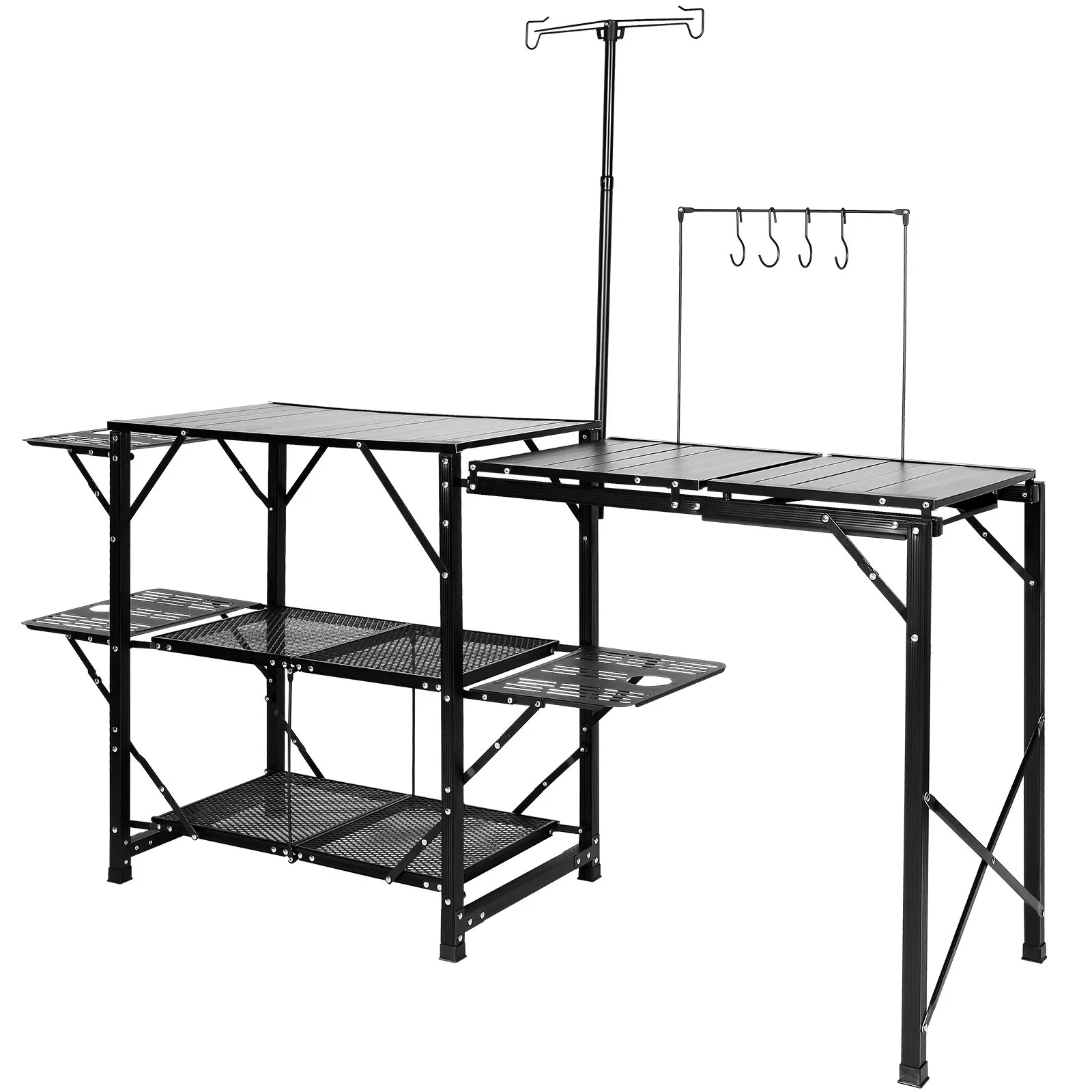 (FINAL PRICES ARE LOWER ON OUR SITE!) VEVOR Camping Kitchen Table, One-piece Folding Portable Cook Station with A Carrying Bag, Long Aluminum Camping Table 3 Side Tables, 2 Shelves & A Detachable Sink for Outdoor Picnics, BBQs, Camping