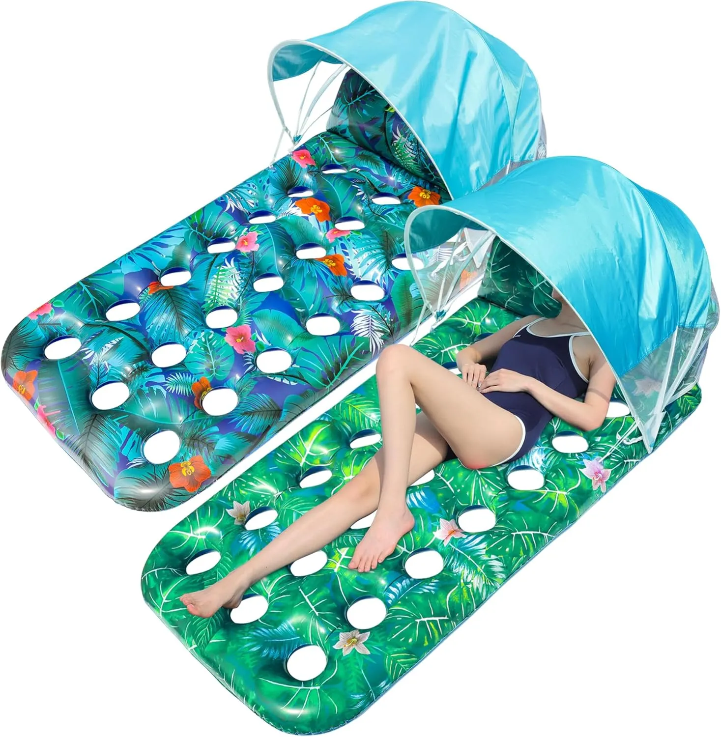FindUWill Pool Floats with Canopy Adults - 2 Pack Large Pool Lounger Float with Headrest, Shade, Inflatable Pool Float Raft for Sunbathing Water Lounge Floaties Pool Parties