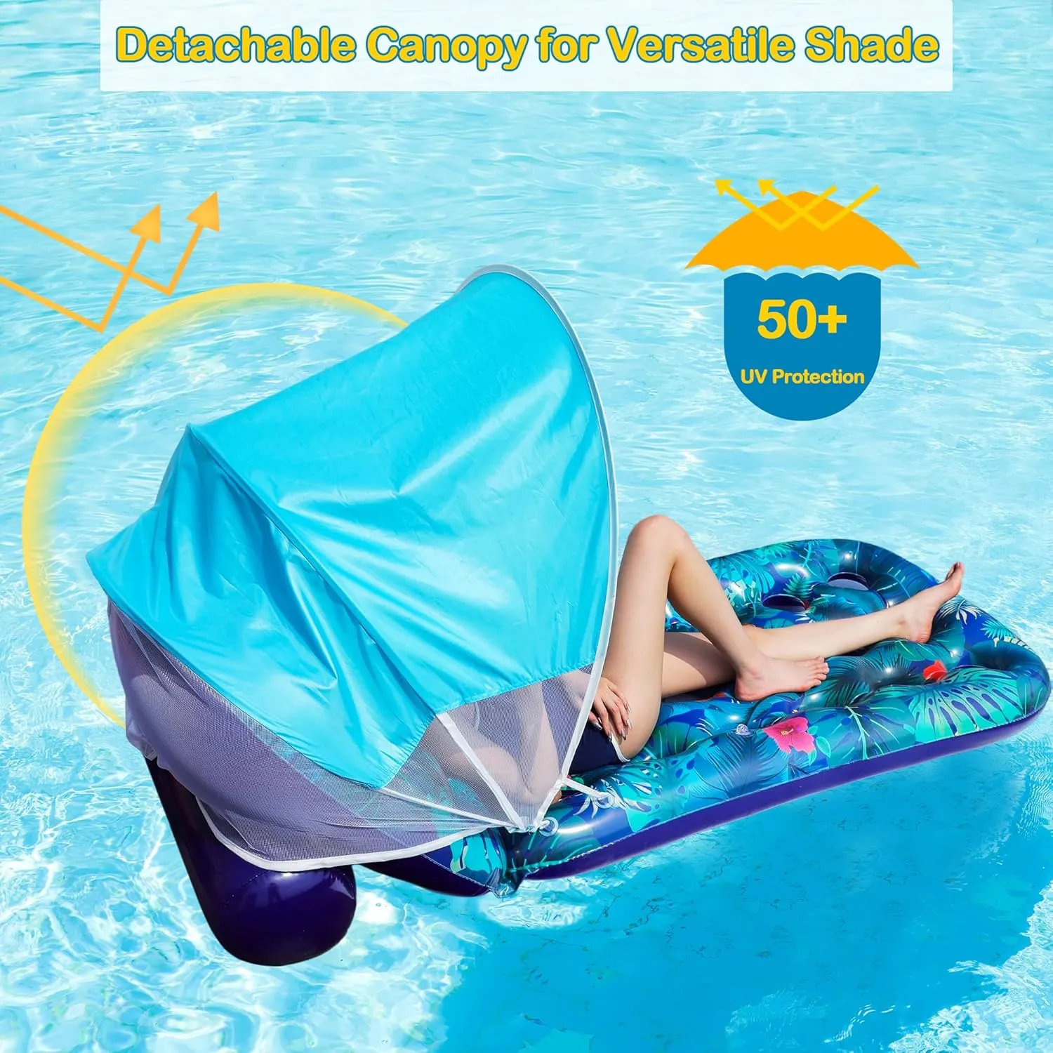 FindUWill Pool Floats with Canopy Adults - Extra Large Pool Lounger Float with Backrest, Shade, Heavy Duty Inflatable Pool Float Raft for Sunbathing Water Lounge Floaties Pool Parties