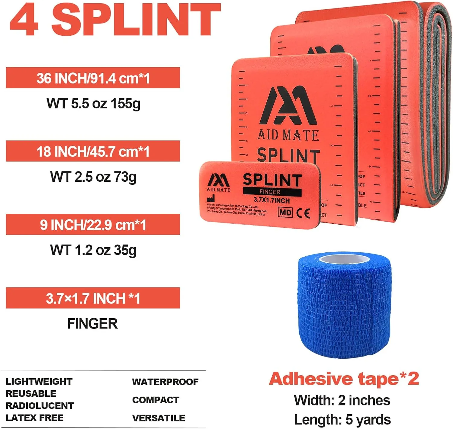 First Aid Splint Set 4 Splints &2 Adhersive Tapes Combo, Ideal for Arm Leg Finger Broken Bones Fracture…