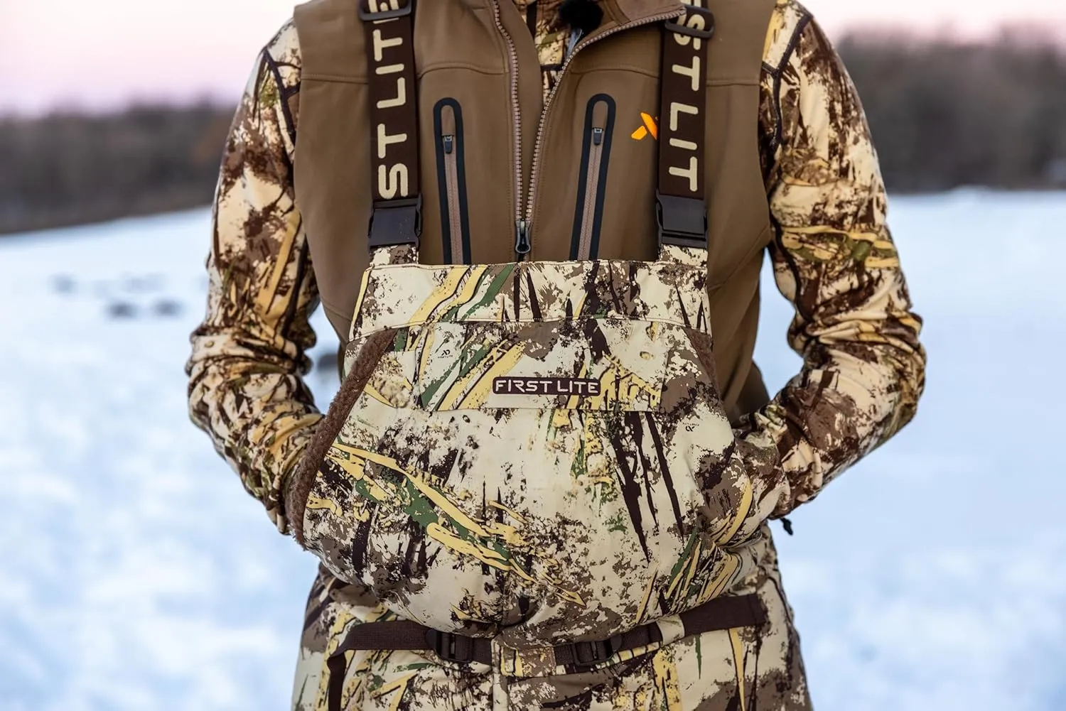 First Lite Men's Refuge Bib Pant - Waterproof Windproof Insulated Camo Duck Hunting Bibs