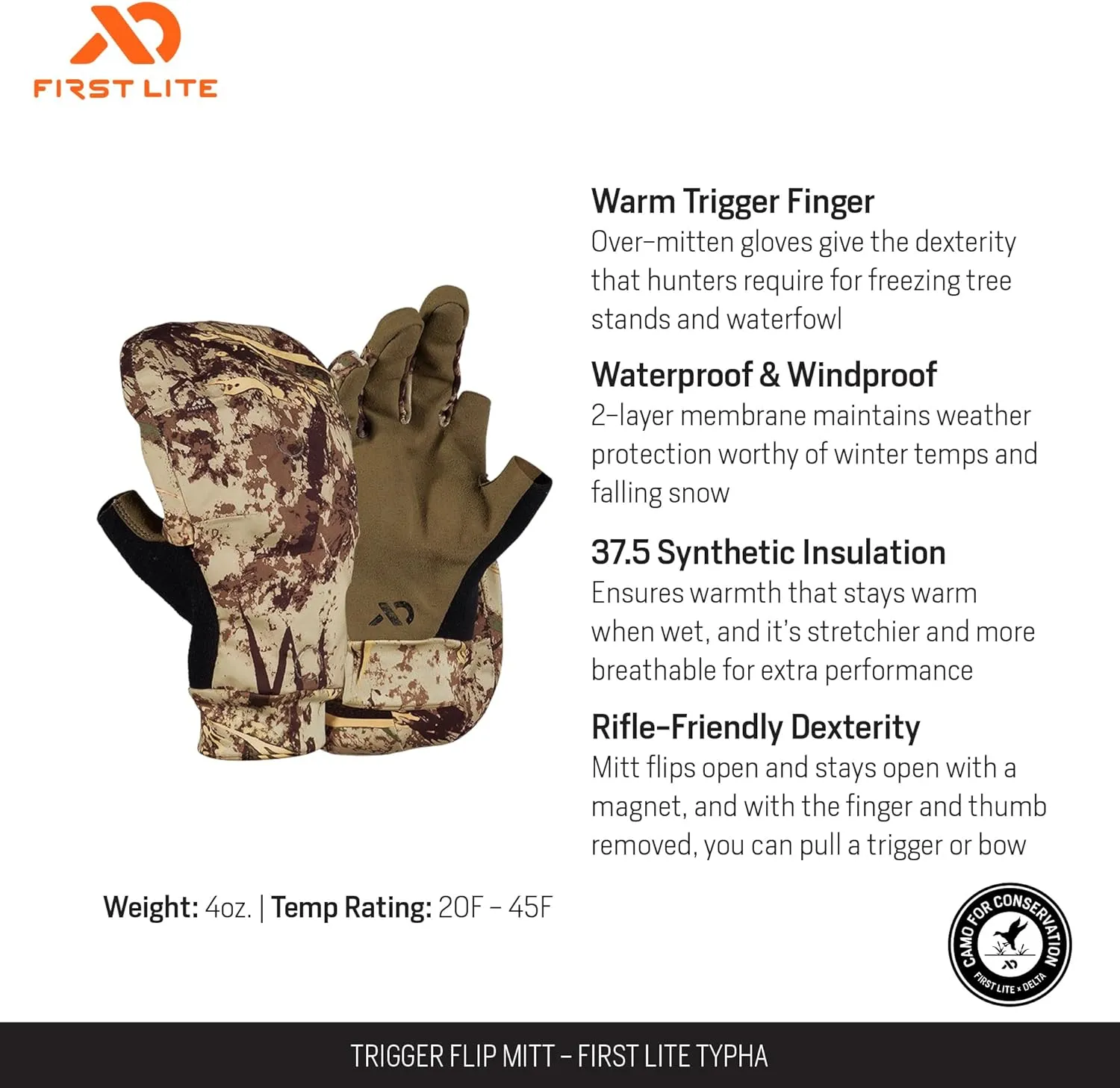 First Lite Trigger Flip Mitt - Waterproof Windproof Camo Hunting Gloves