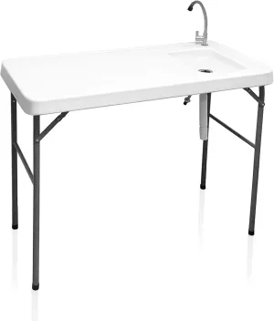 Fish Cleaning Table with Sink and Faucet, Portable Folding Camping Sink Table, Heavy Duty Fillet Table with Hose Hook Up, for Dock Beach Patio Picnic…